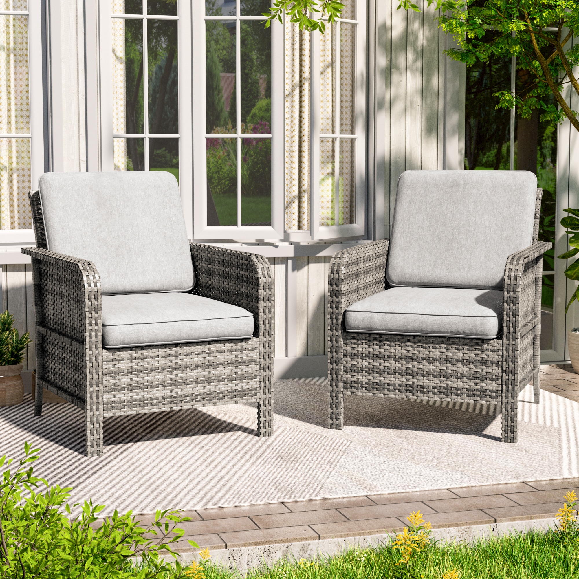 ACEGOSES LW-S2BLY Arboreal Set of 2 Wicker Gray Wicker Frame Stationary Conversation Chair with Light gray Cushioned Seat