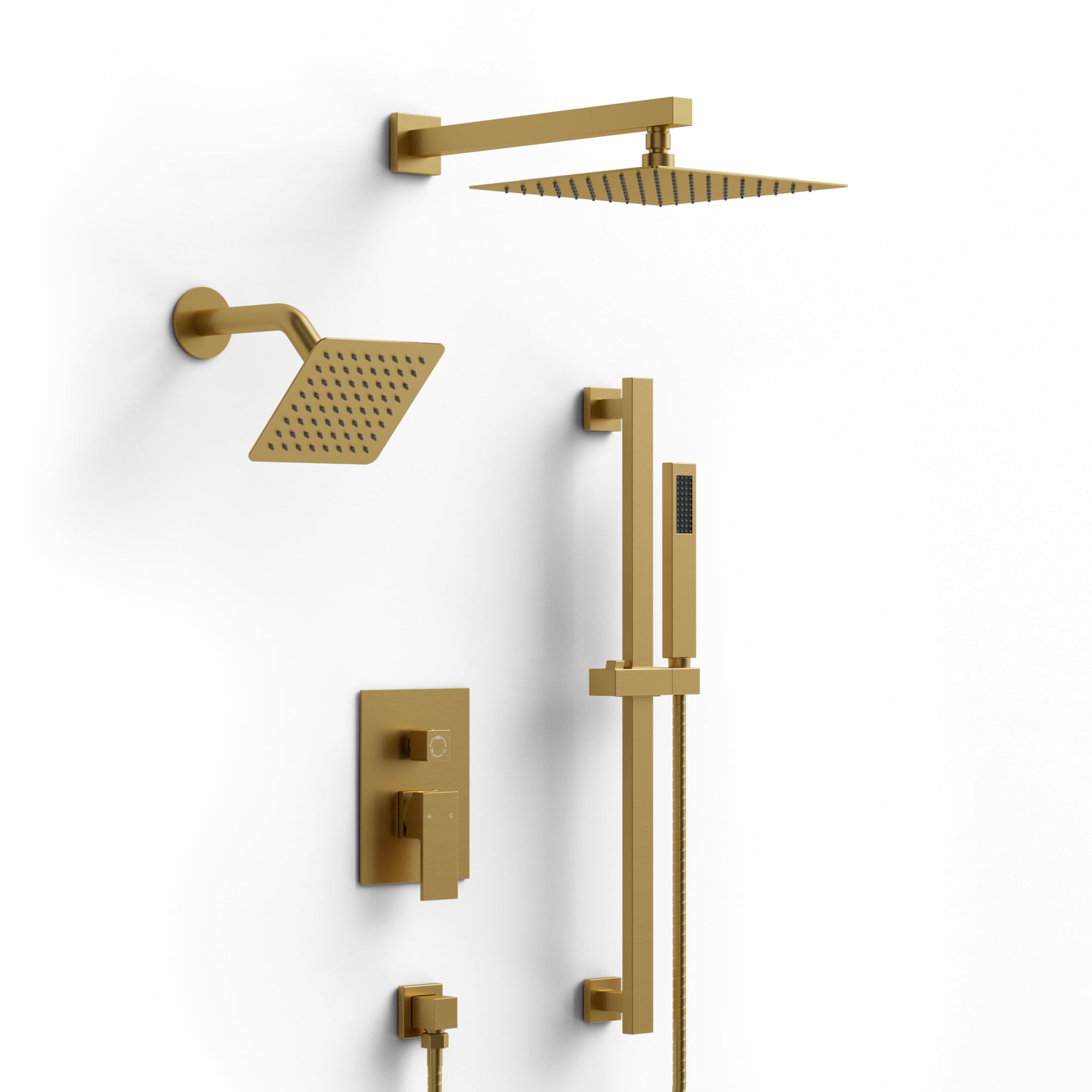 YAWWALK  Pressure Balanced 3 Spray 10 in and 6 in Dual Wall Mount Showerheads with 26 in Slider Bar Handheld Combo Valve Brushed Gold