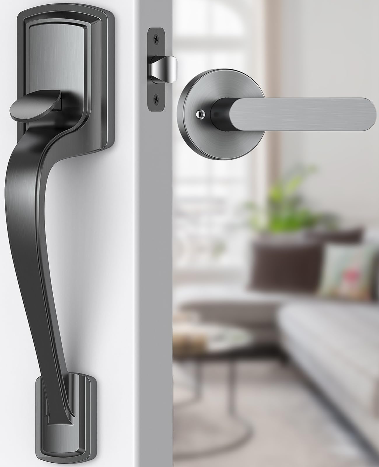 Ahfiwaso Steel Gray Front Door Handle No Lock Reversible Lever for Right or Left Handed Doors Modern Exterior Lower Half Grip Weatherproof #LAH0713H064