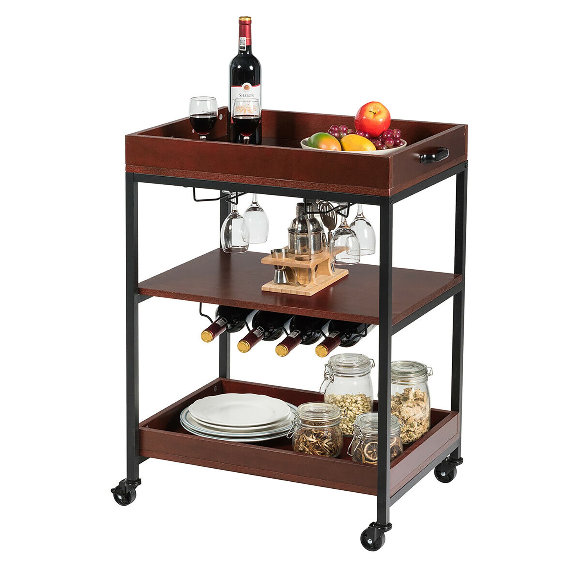 Goplus LWS00269 Brown Metal Base with Wood Wood Top Rolling Microwave Cart ( 18-Inches x 24-Inches x 33.5-Inches )