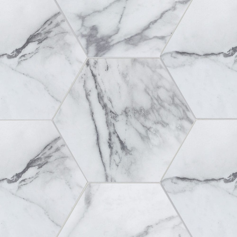 Peel&Stick Tile LW22081107 Peel and Stick Mirabella Hexagon White, Black 6-in x 7-in Matte PVC Marble Look Hexagon Mosaic Wall Tile (0.946-sq. ft/ Piece)