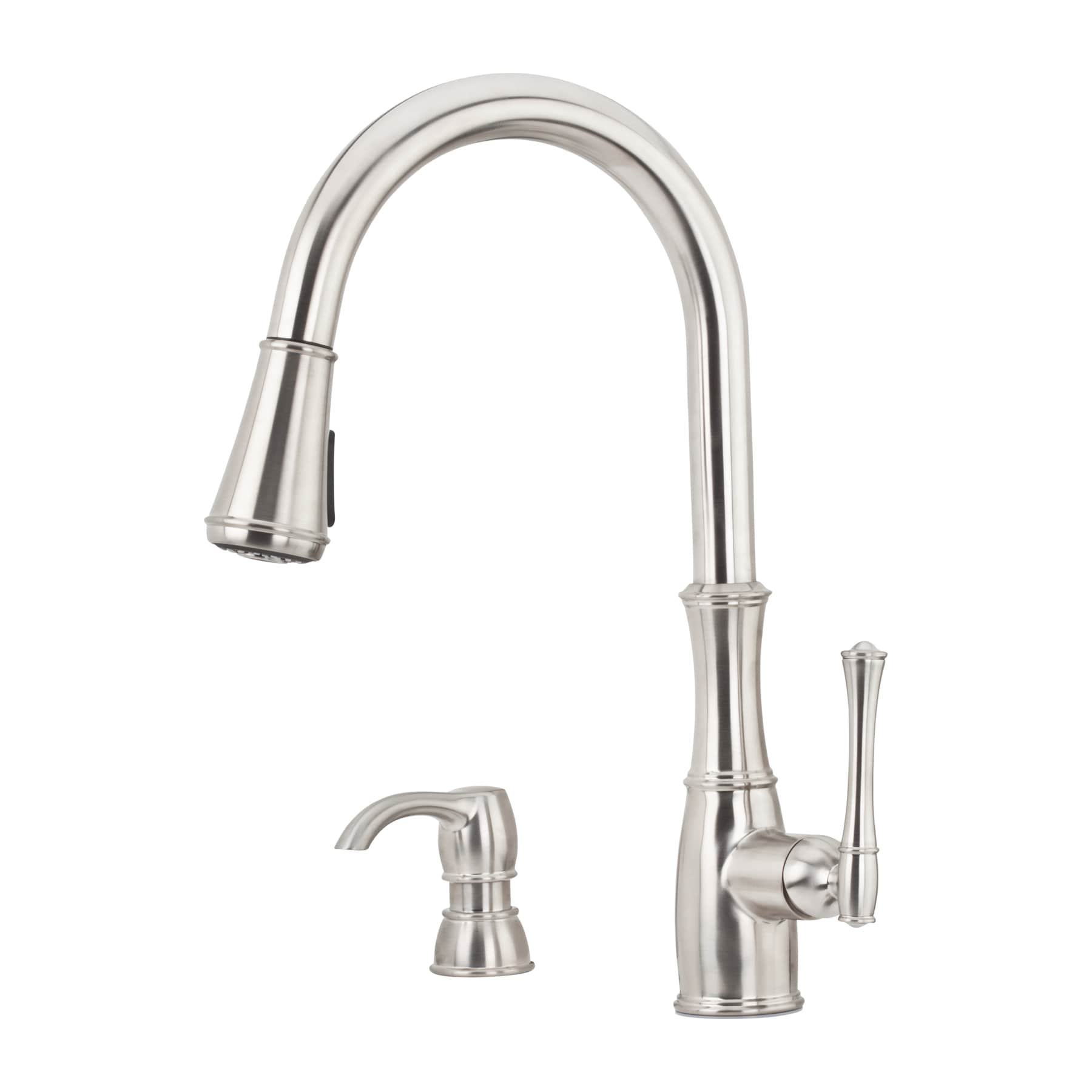 Pfister GT529-WH1S Wheaton Stainless Steel Double Handle Deck-mount Pull-down Kitchen Faucet with Sprayer ( Deck Plate Included ) (Soap Dispenser Included)