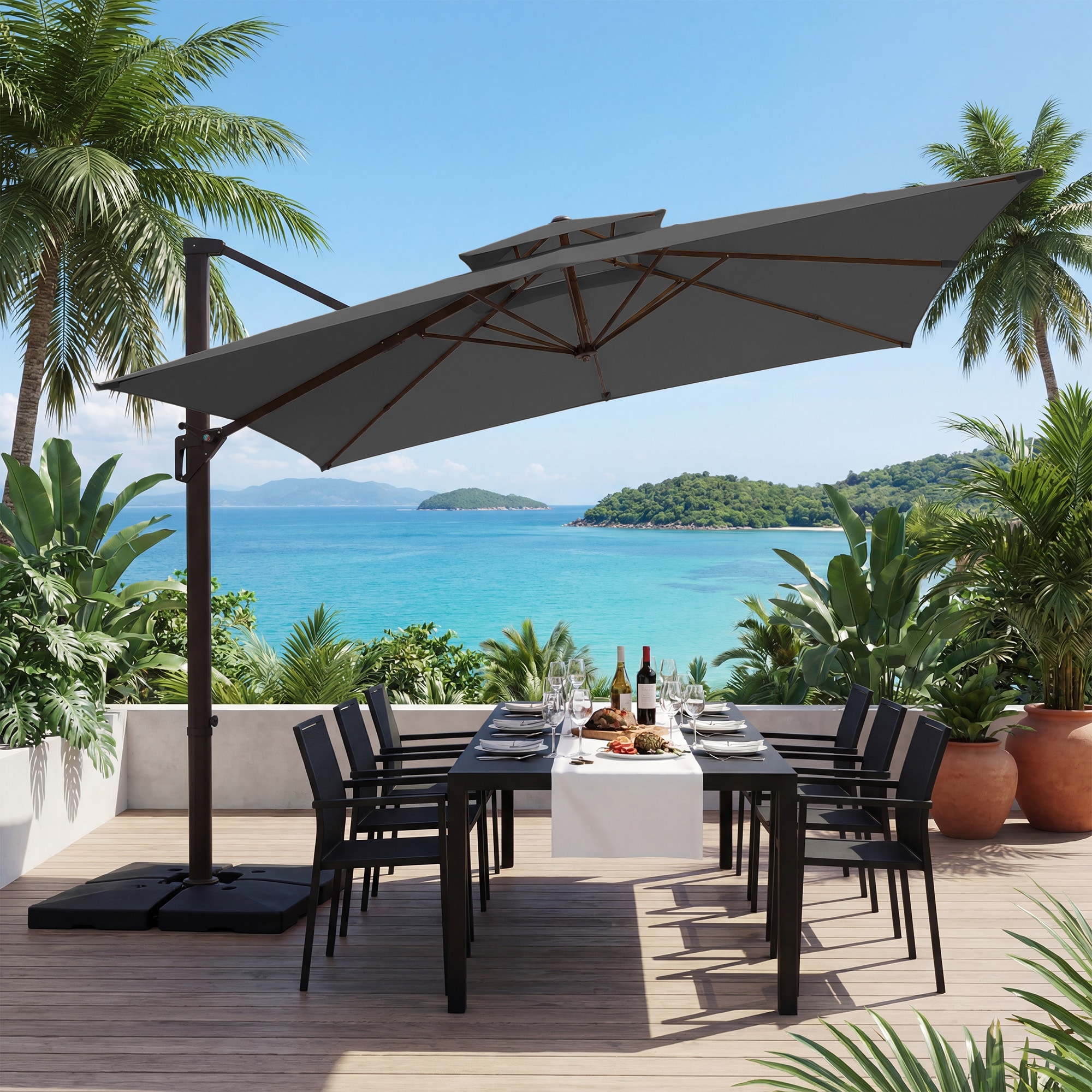 grey square patio umbrella PURPLE LEAF Market 6.5' x 6.5' Dual Tilt Gray 8 Ribs Introducing the Grande Square Cantilever Umbrella Cantilever Patio Umbrella | Wind