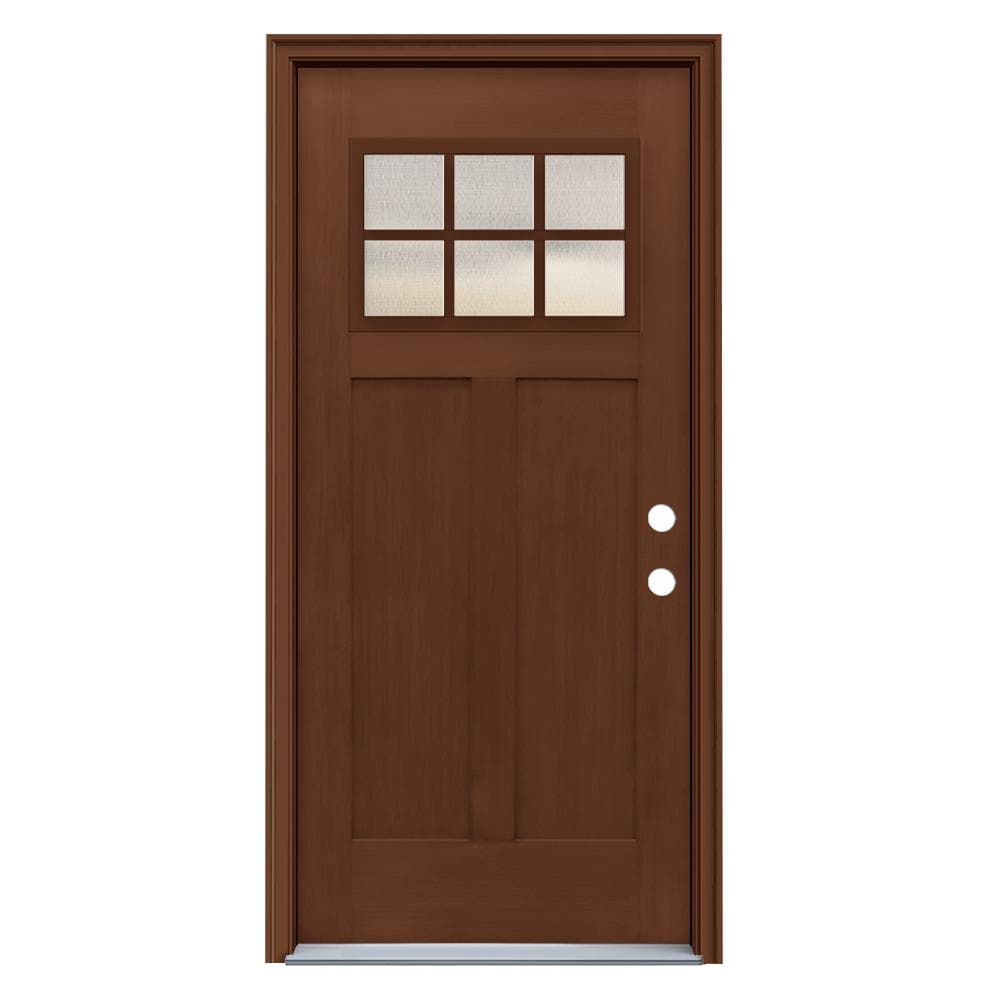 JELD-WEN LOWOLJW232200013 36-in x 80-in x 4-9/16-in Fiberglass Craftsman Left-hand inswing Dark Chocolate Stained Prehung Front Door with Brickmould Insulating core