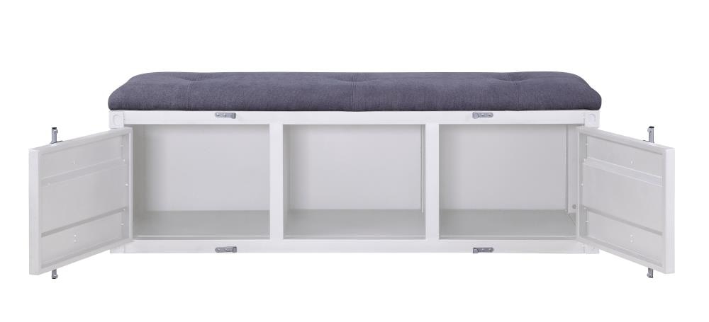Modern Industrial Gray Fabric & White Metal Storage Bench