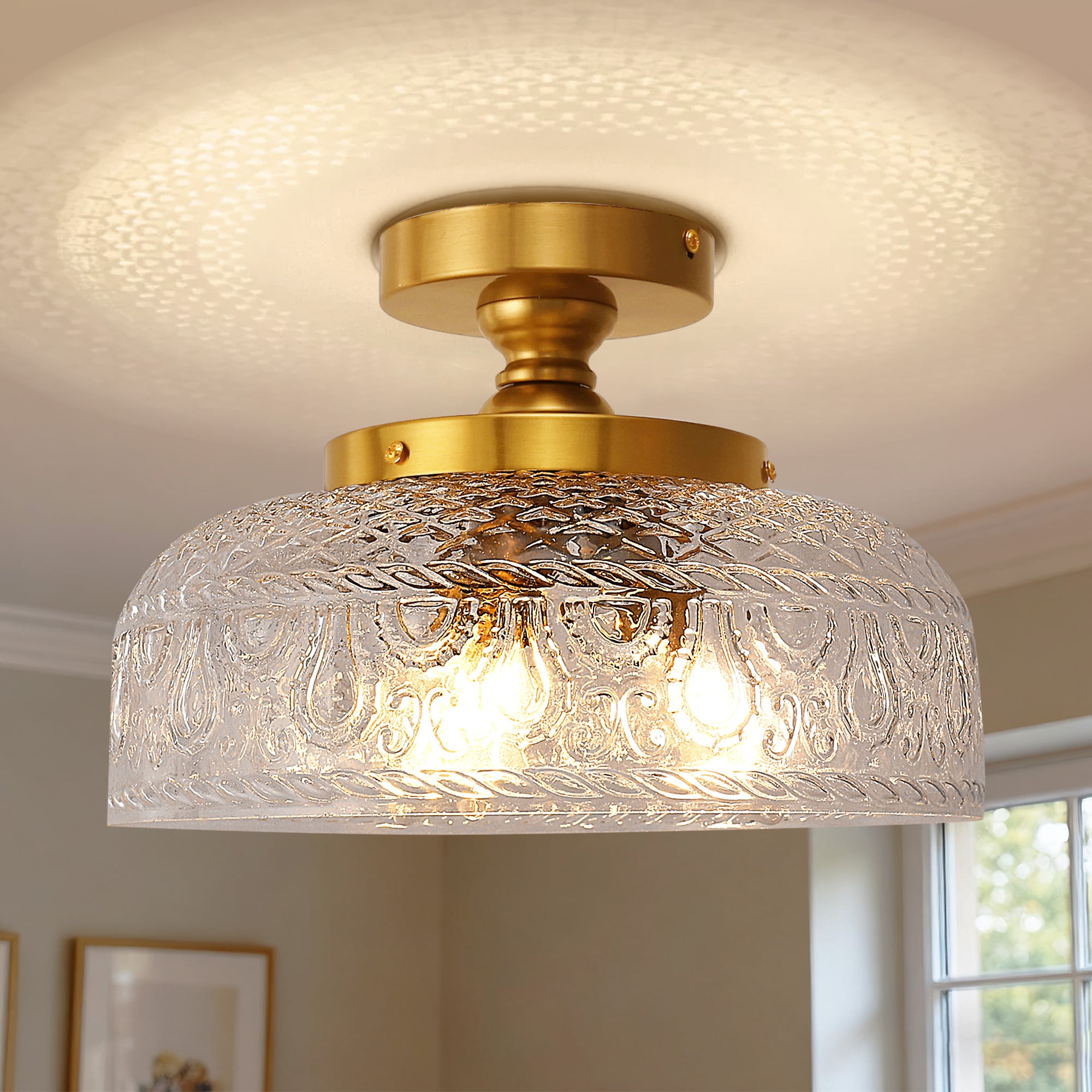 YANSUN 11.8-in Gold Indoor 3 -Light Semi-flush Mount Light with Water Glass