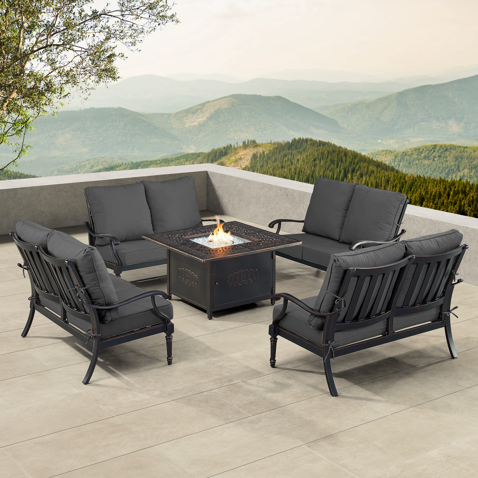 Oakland Living SHAO4LSRONINBKCUA Fire Pit Table Set, Four Loveseats and Wind Guard 22-Piece Patio Conversation Set with Black Cushions