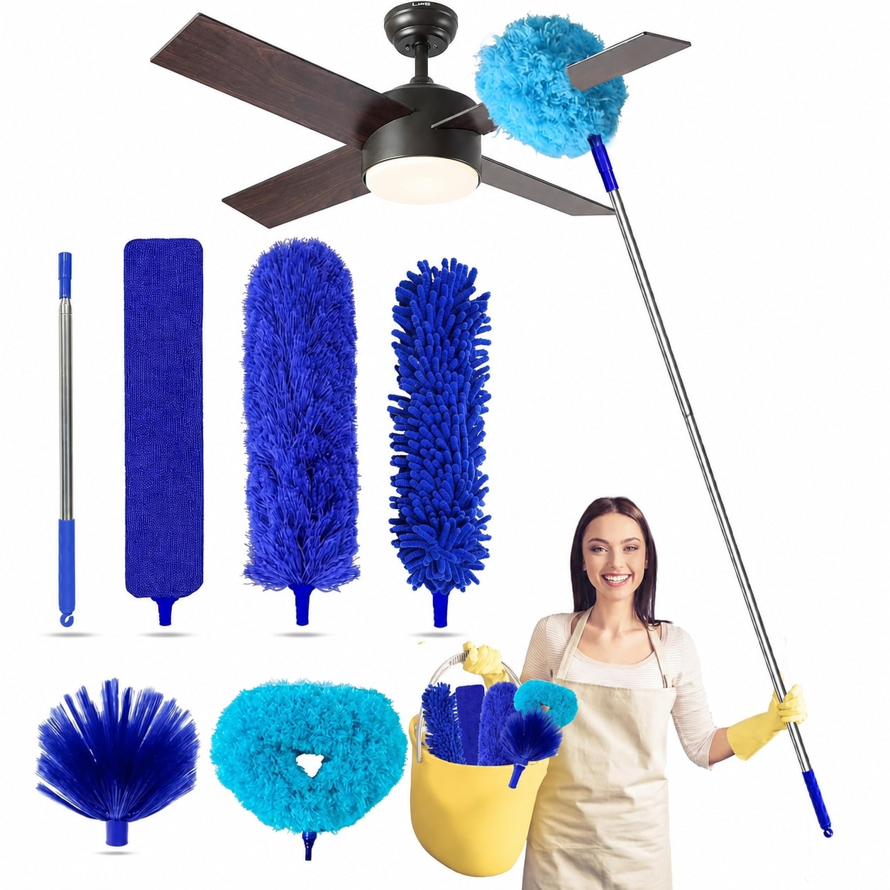 LAIFUCAM Ceiling Fan Cleaner Duster Kit 6 in 1 with Extension Pole 100 Inches Includes Microfiber Chenille Cobweb Duster Crevice Brush Reusable #LLA0618A036