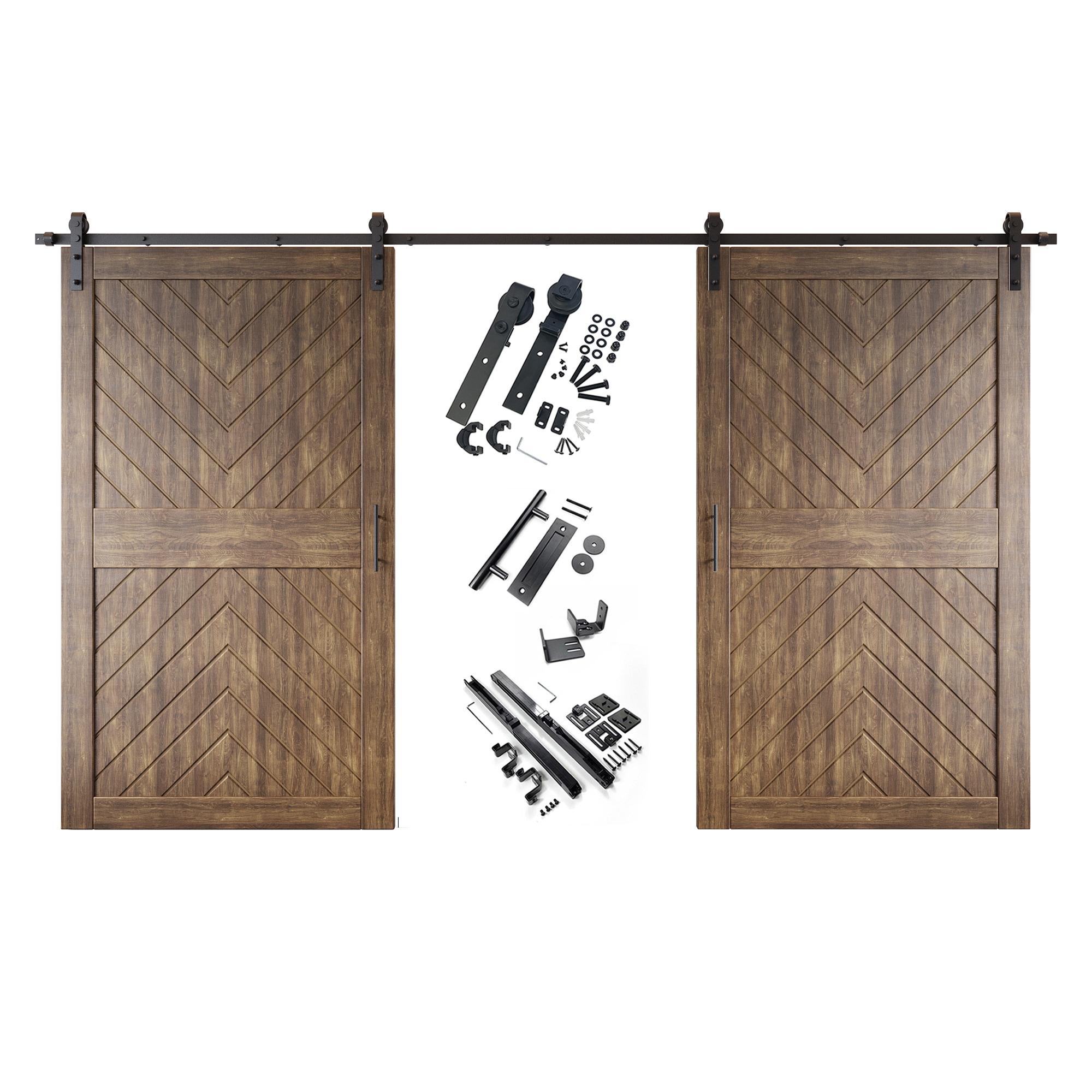 HOMACER YT2H216C-JT4-4884-WA 48-in x 84-in Dark Walnut Herringbone Pine Wood Solid core Double Barn Door (Hardware Included)