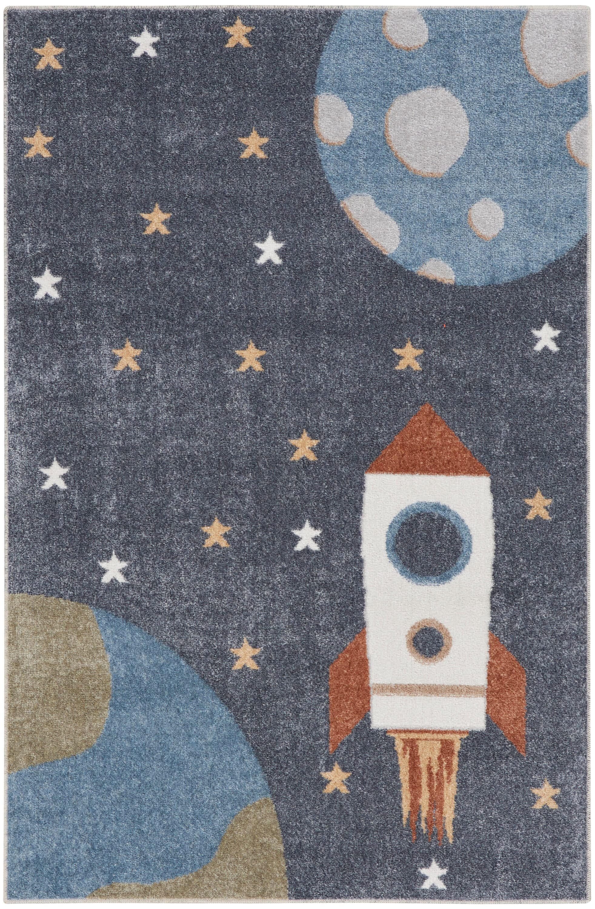 Sky Blue Rectangular Kids Rug with Rocket Design, 2'2" x 4'