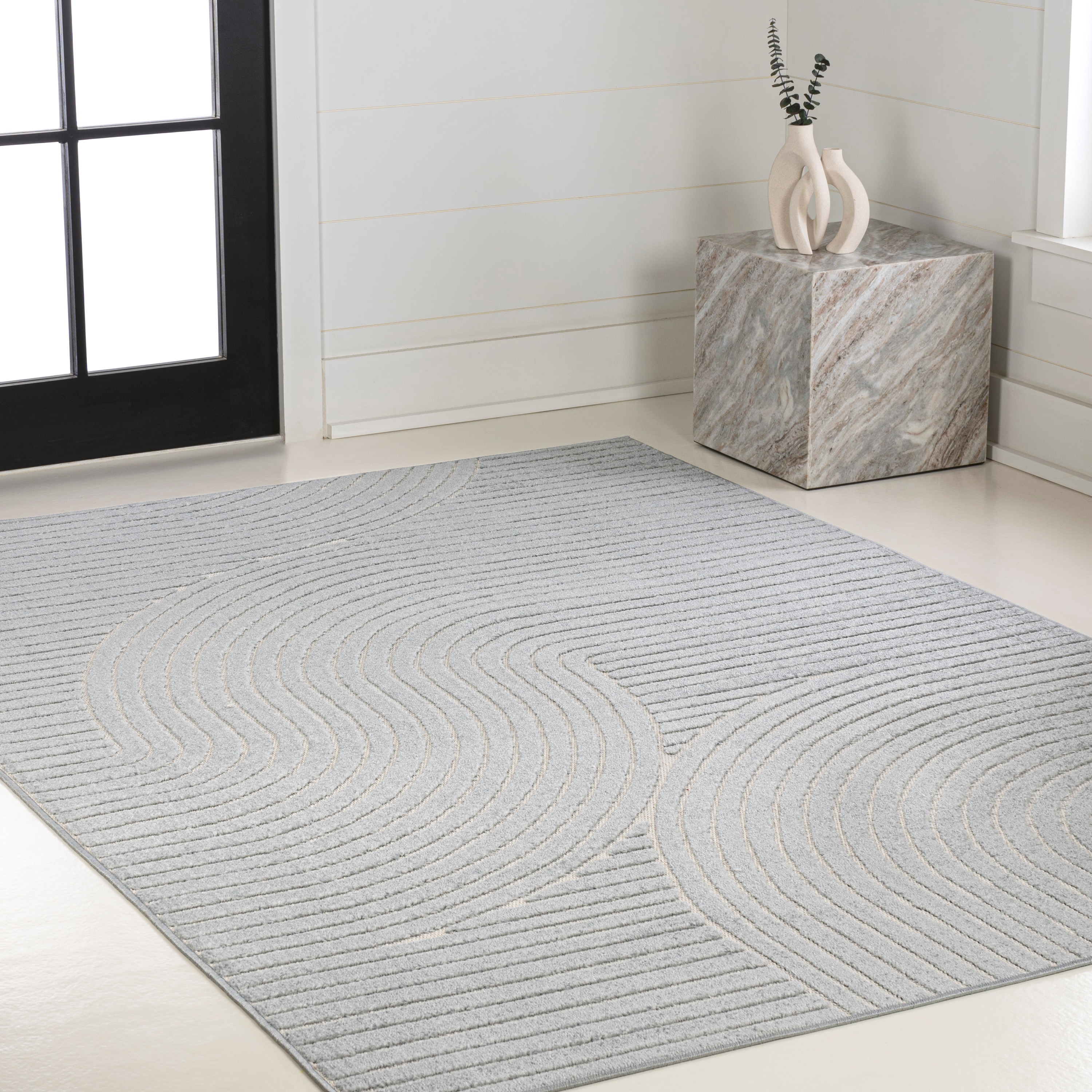 Hallie High-Low Geometric Light Blue and Cream 8' x 10' Synthetic Rug