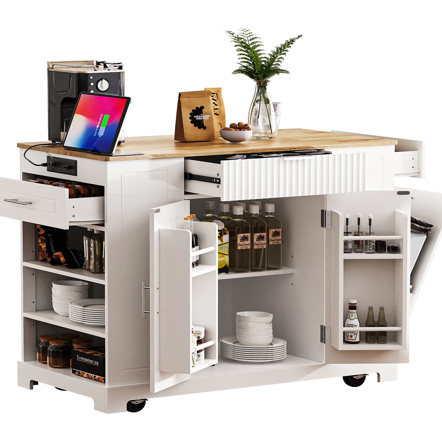 GZMR GZ-KK007W White MDF Base with Wood Rolling Kitchen Island ( 48.5-in x 20.1-in x 36.4-in )