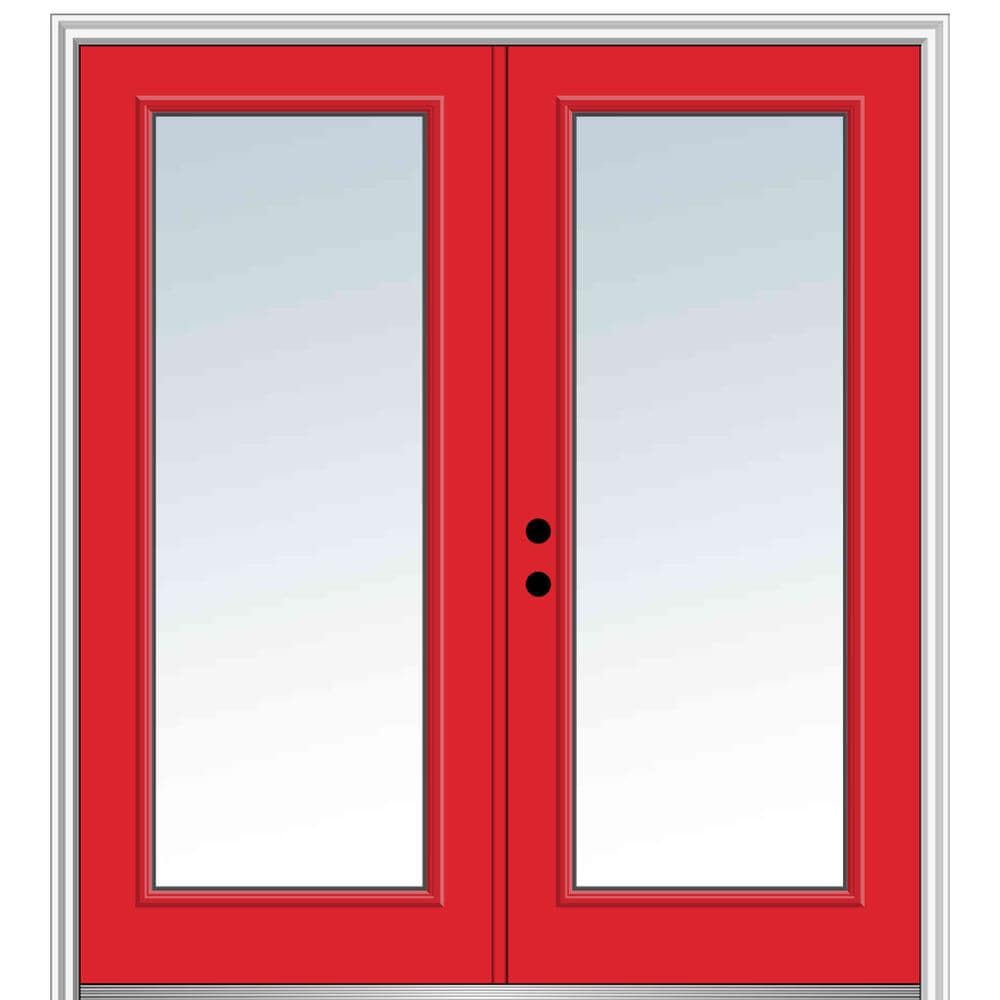 MMI DOOR ZZ24196R 72-in x 80-in x 6-9/16-in Fiberglass Full lite Right-hand inswing Red Saffron Painted Prehung Double Front Door with Brickmould Insulating core