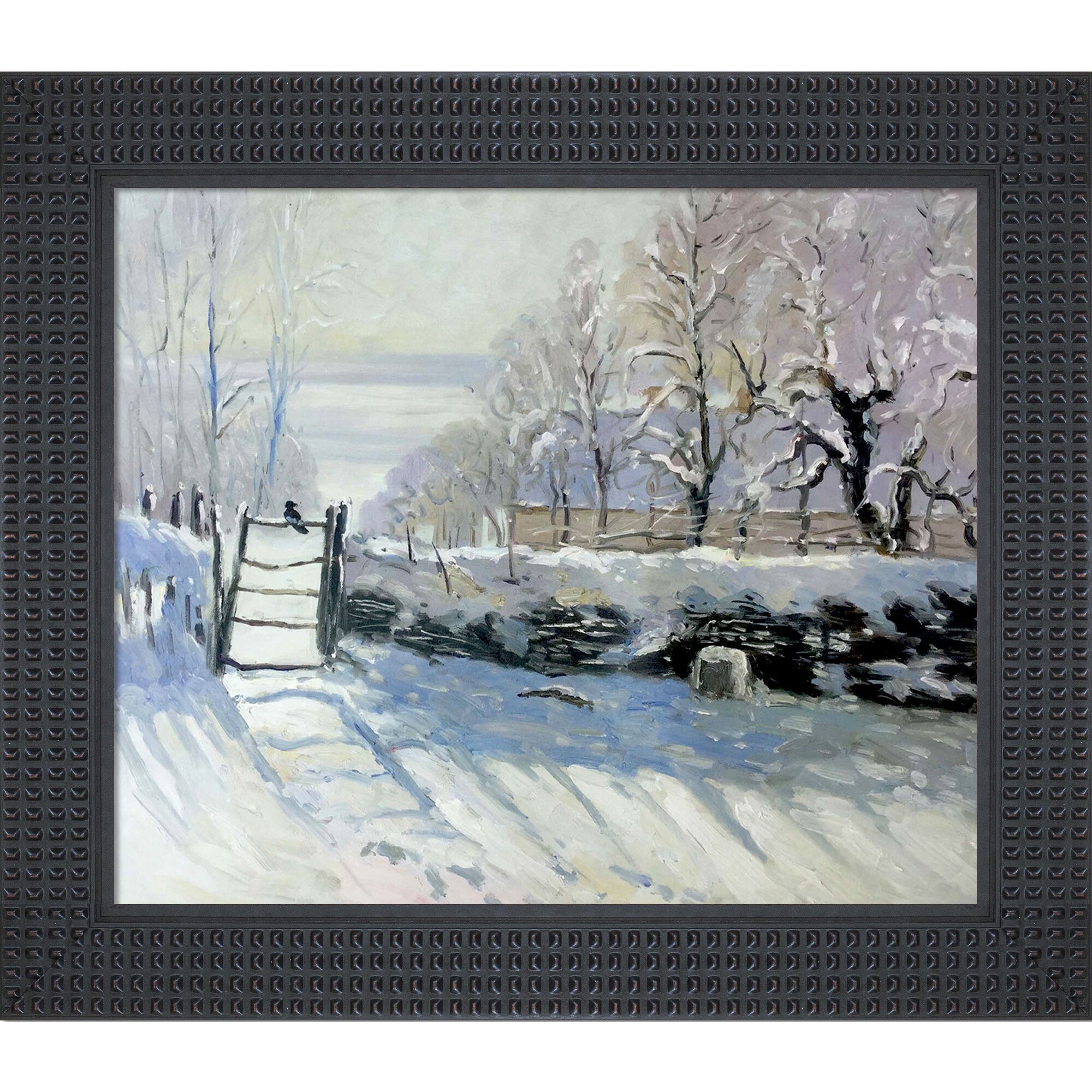 La Pastiche 688576878133 The Magpie Claude Monet Black Wood Framed 26.5-Inches H x 30.5-Inches W Landscape Canvas Hand-Painted Painting