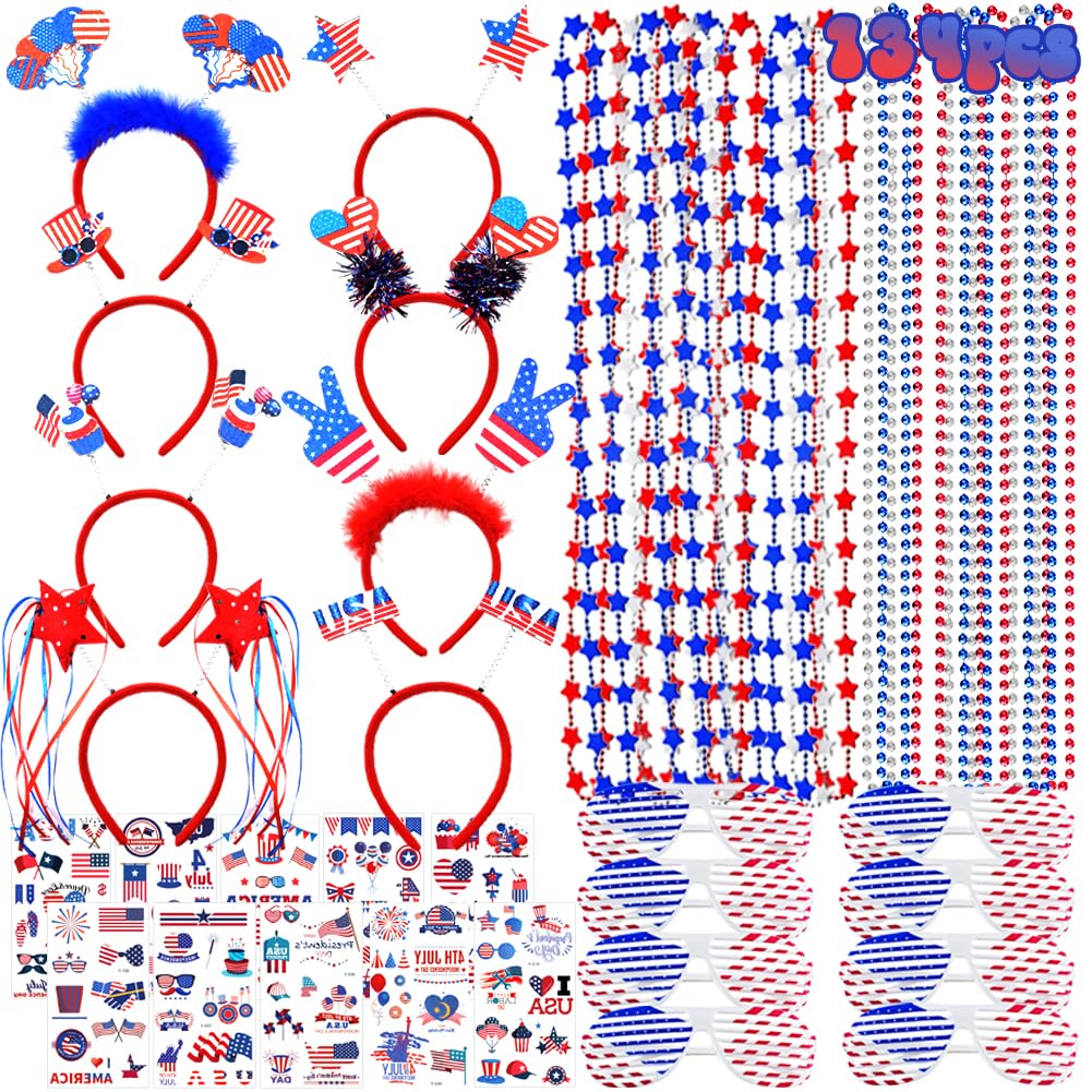 WODMAZ 134-Piece Patriotic Party Favor Set with Headbands Star Necklaces Beaded Necklaces Shutter Glasses and Temporary Tattoos for 4th of July Independence Day Memorial Day