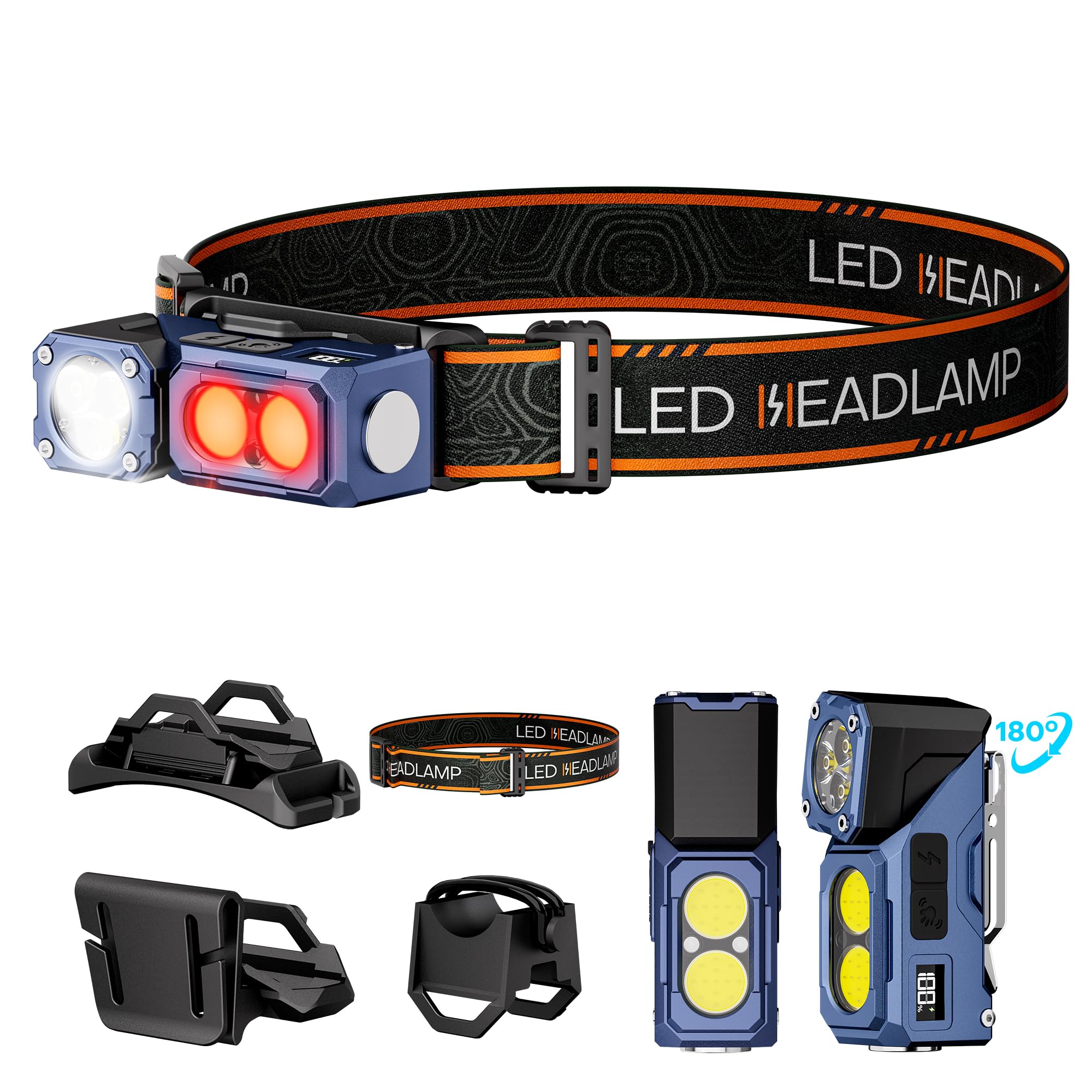 ITOPFOX  LED Headlamp renewable power Flashlight 3-in-1 Head Lamp and Bike Light with Motion Sensor Red Light and Digital Power Display Magnetic