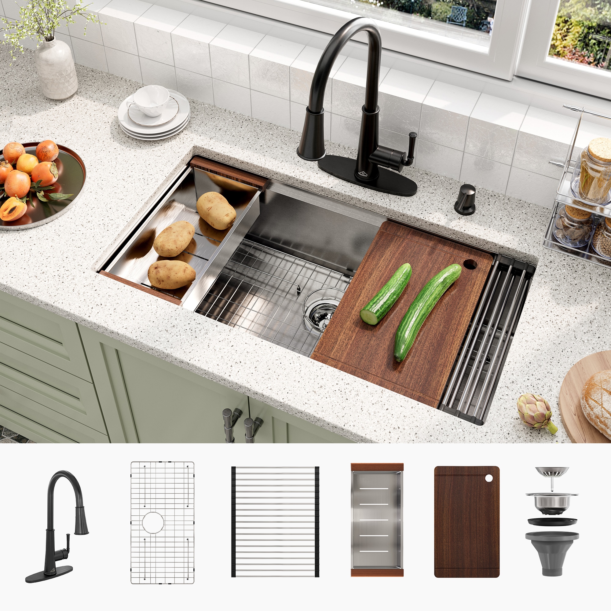 CASAINC CAKE07014U36M85 Undermount 36-in x 19-in Stainless steel Single bowl 18 -Gauge Workstation Kitchen Sink All-in-One Kit with Drainboard