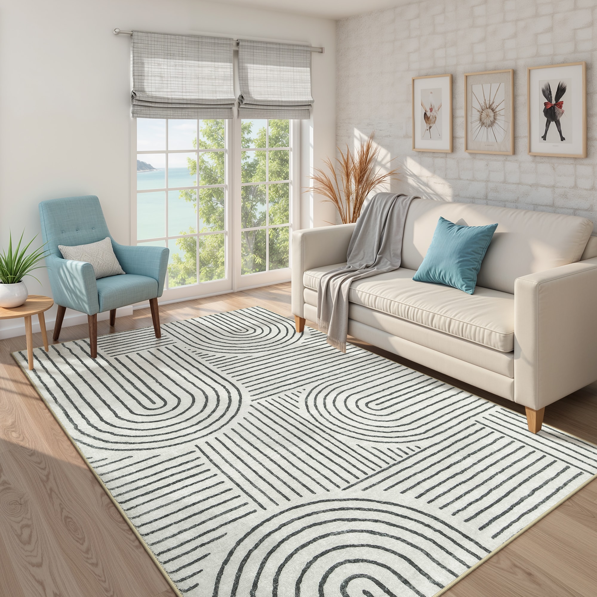 Lahome AR-DYRZP-002-B2 5 x 7 (ft) Black Abstract Rainbow Lines Short Pile Velvet Rectangular Indoor Area Rug