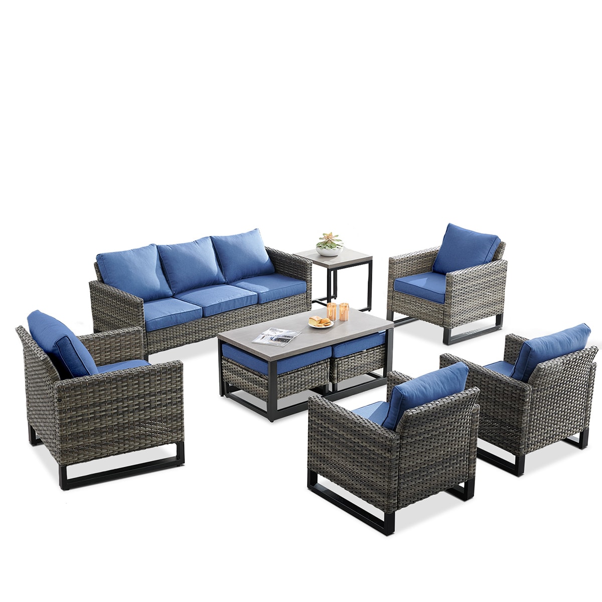 Rilyson FS062063X2065070-1 9 -Piece Wicker Patio Sofa Conversation Set with Blue Cushions