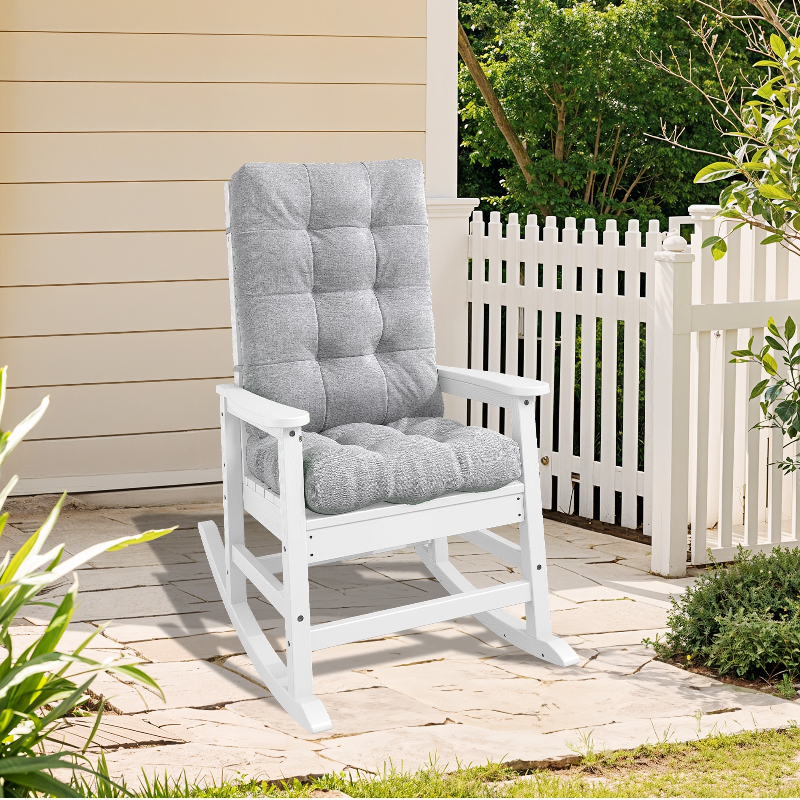 JEAREY 03YY-DZ-WG Patio Rocking Chair with Cushion White HDPE Frame Rocking Chair with Gray Cushioned Seat