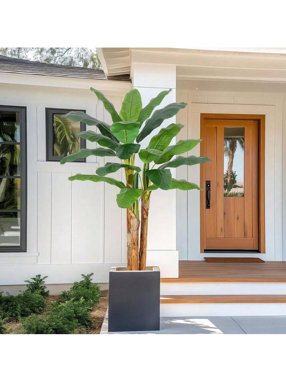 Qeetex PHK-33EVBKRH-HF4 6ft Artificial Banana Tree. Faux Banana Tree with Grey Planter. Artificial Plants with 11 Faux Banana Leaves Plant for Home Office Decor