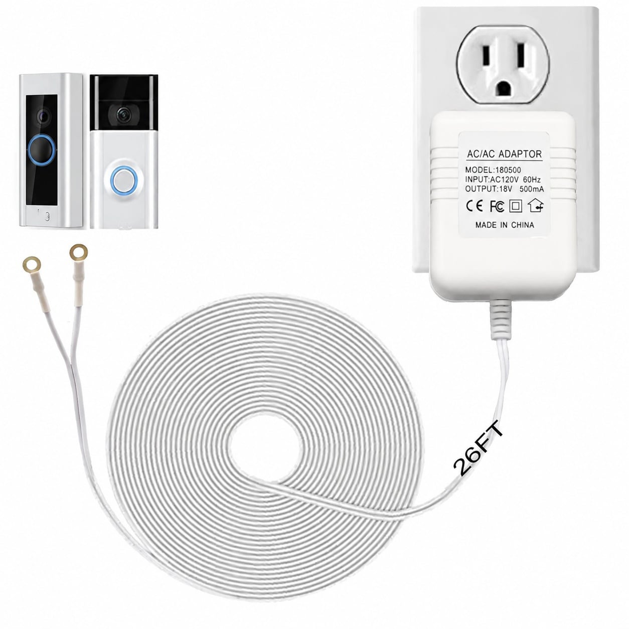 Etokfoks 26ft 18V 500mA doorbell power adapter for continuous video doorbell operation and simple outlet based installation #LETINRKTR