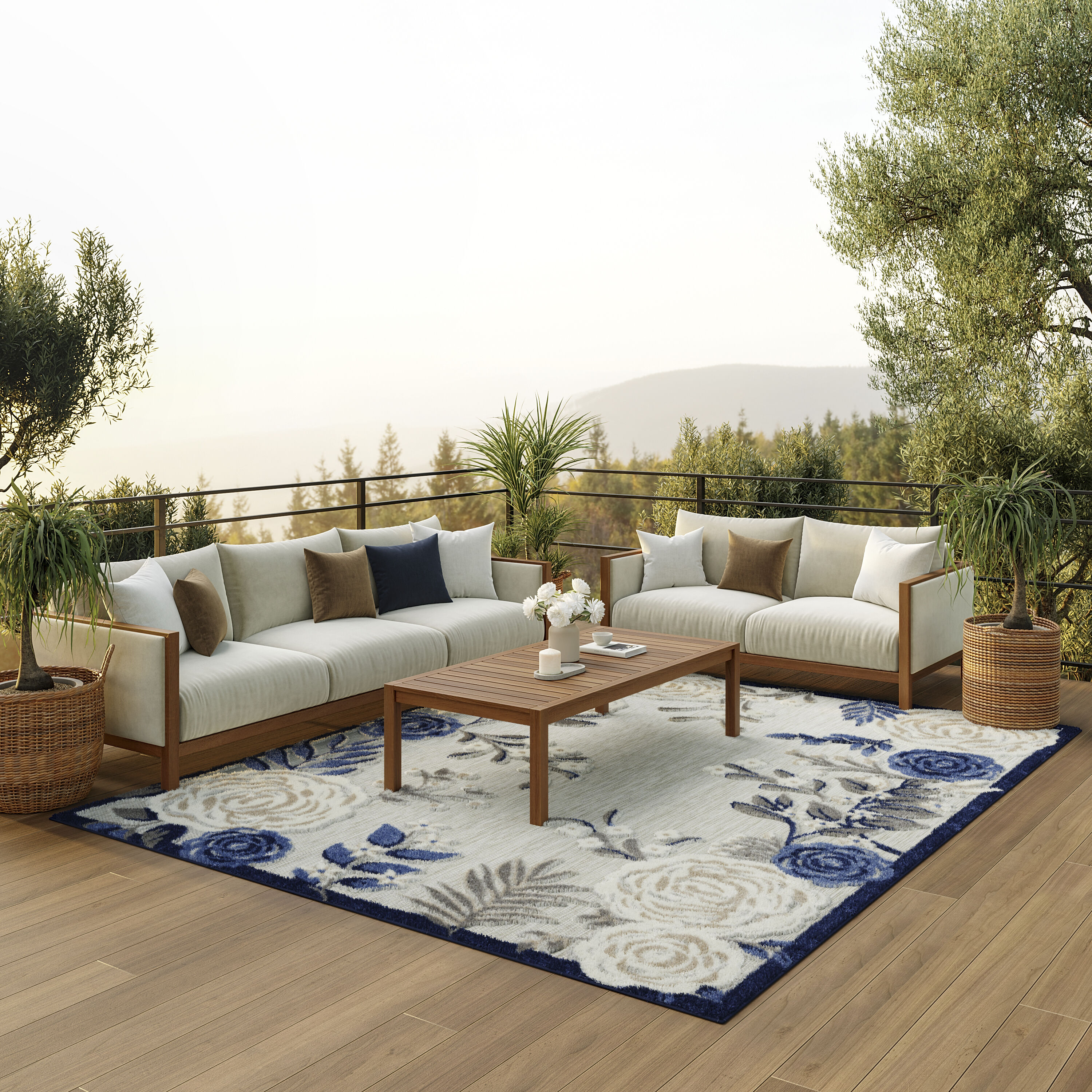 Nourison 099446169471 Aloha 6 x 9 (ft) Loomed Polypropylene Blue Grey Rectangular Indoor/Outdoor Floral/Botanical Tropical Area rug