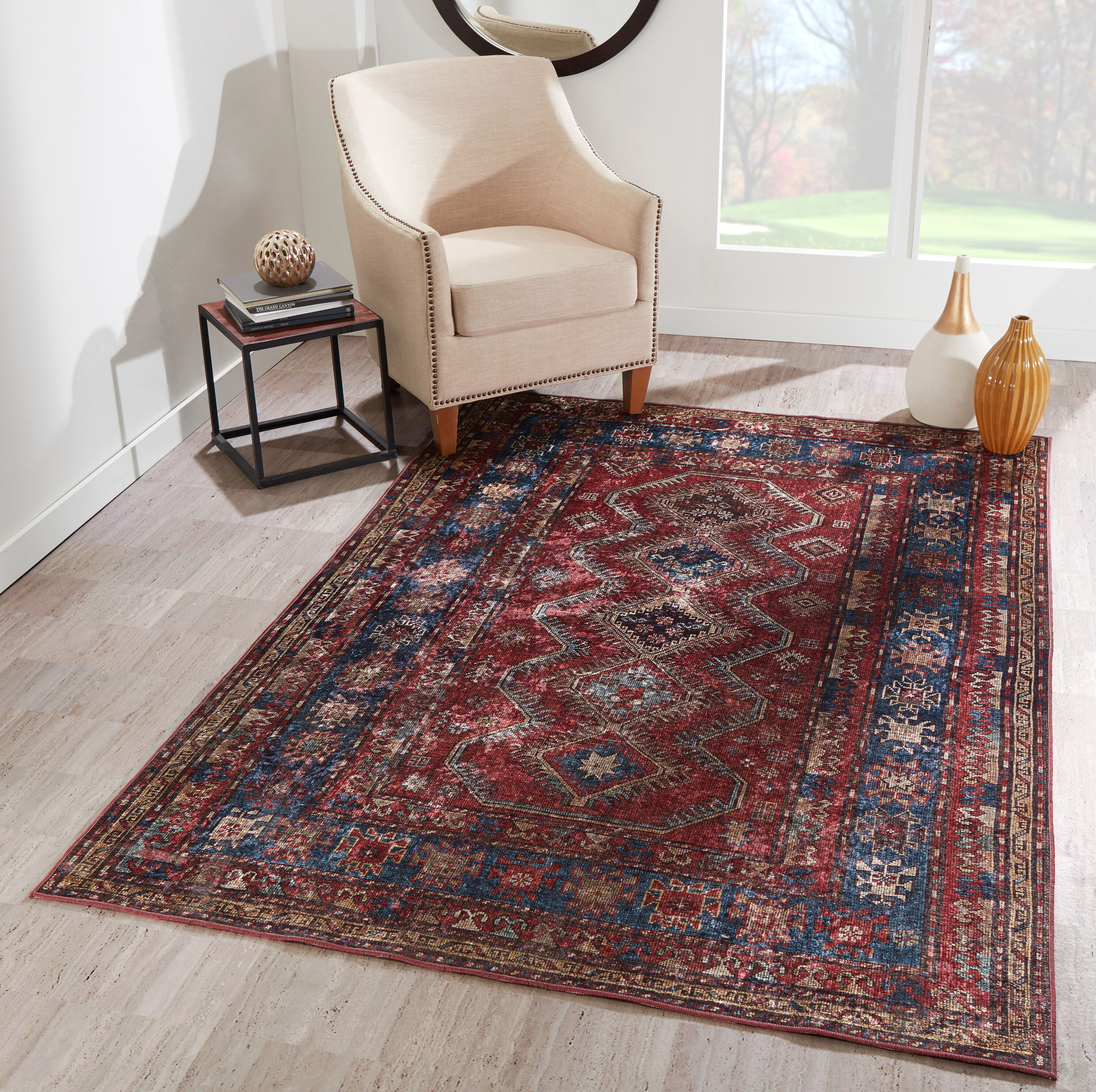 Burgundy and Navy Rectangular Synthetic Area Rug