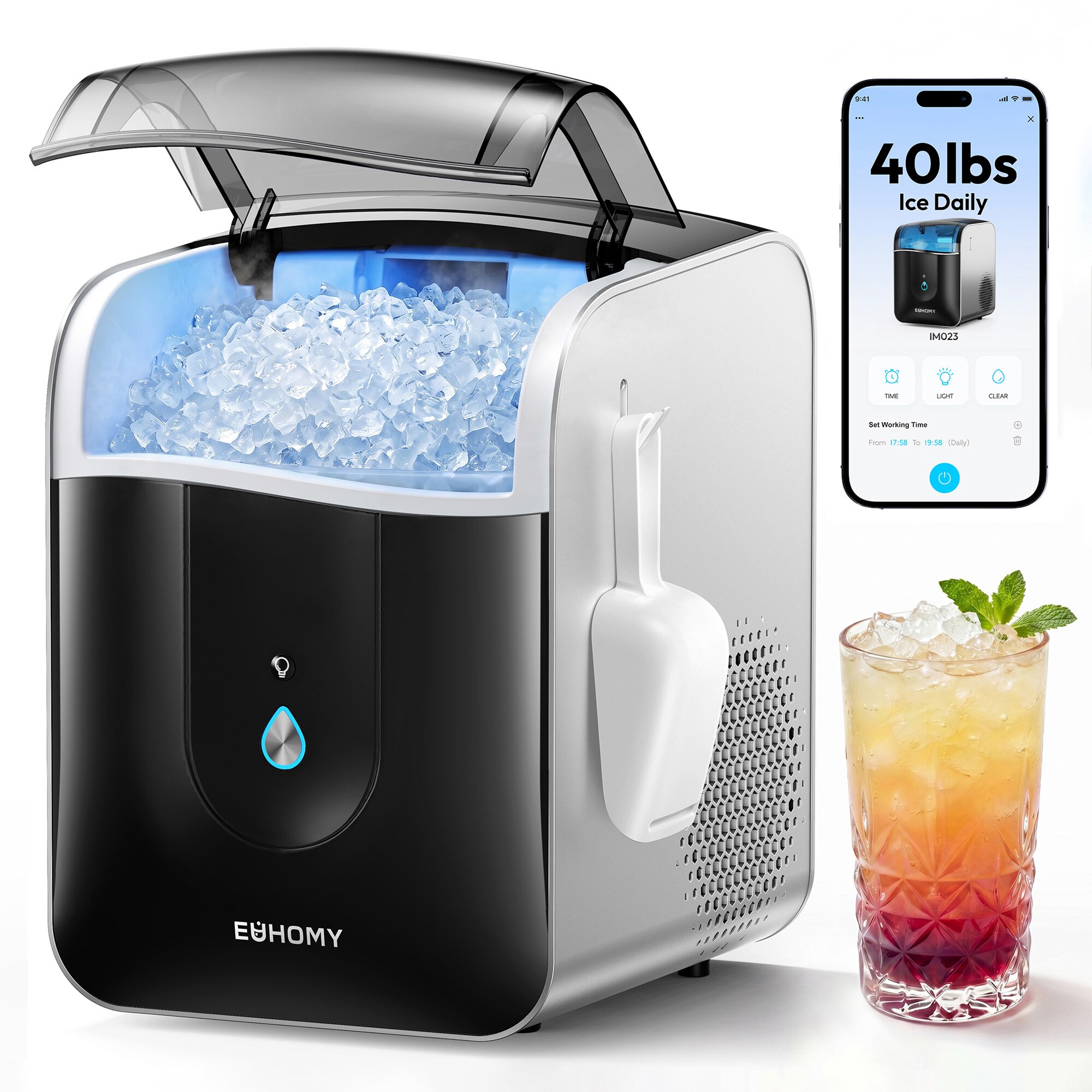 Euhomy - Smart Wi-Fi and App Control 40-lb Ice Per day Portable/Countertop Nugget/Pebble Ice Make...