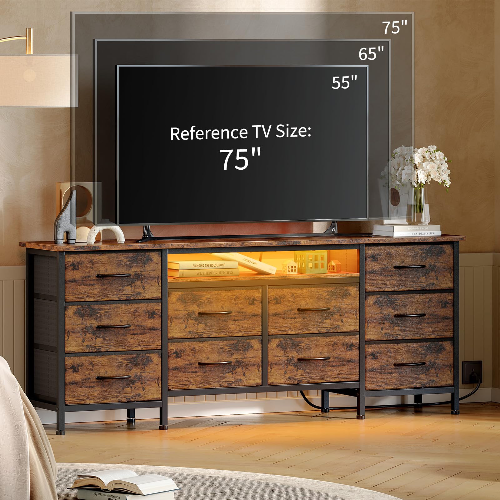 stand for tv on dresser WAMPAT Dresser TV Stand, Wood Entertainment Center with 6 Fabric Drawers,  Chest of Drawers for Living Room, Bedroom, Hallway