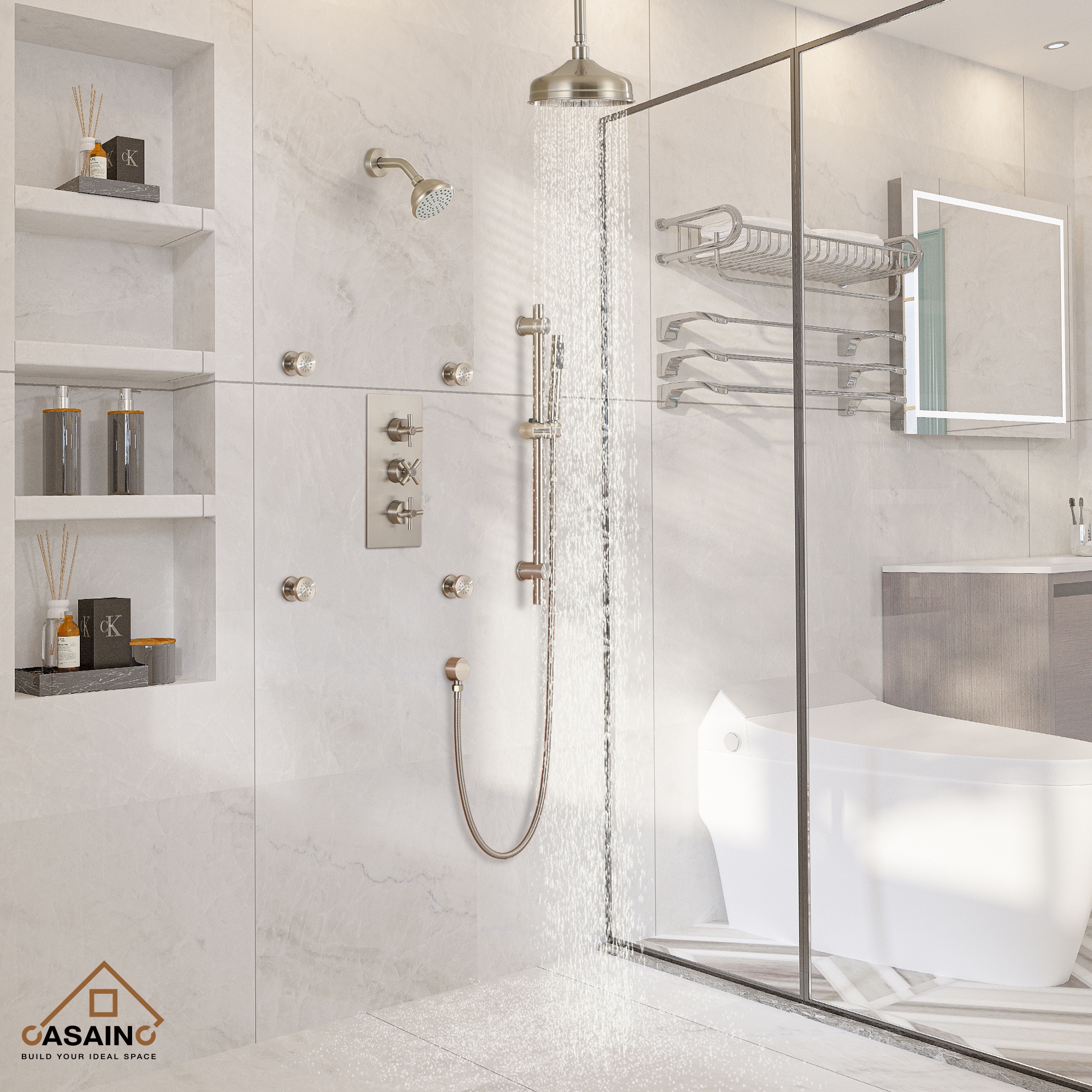 CASAINC WE-SS27MB Brush Nickel 8-in Dual Head Built-In Shower Faucet System with 4-way Diverter ( Pressure-balanced Valve Included )