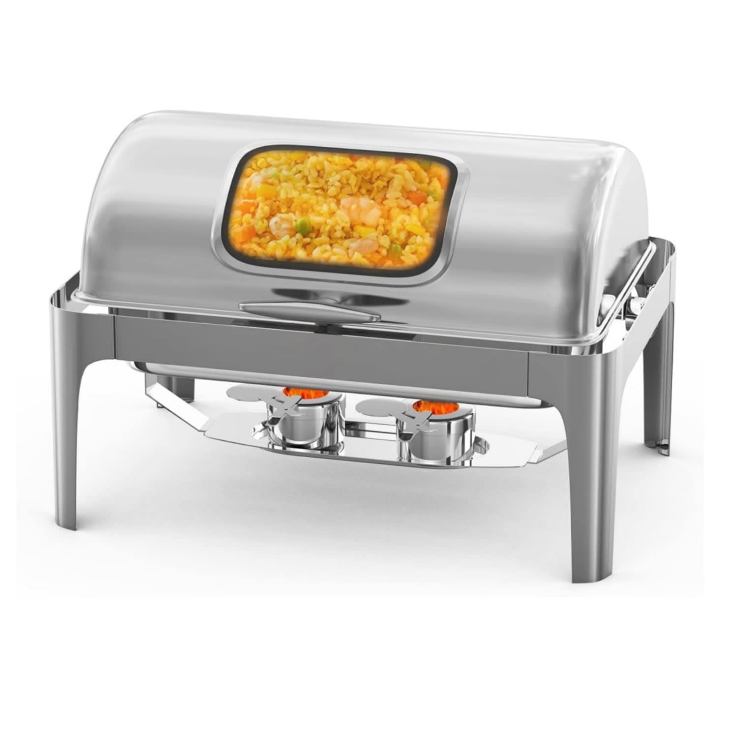 Qeetex LSHQPHK-33L6DT3V Roll Top Chafing Dish Buffet Set Rectangular 9QT Stainless Steel Catering Food Warmers with Glass Window Full Size Silver