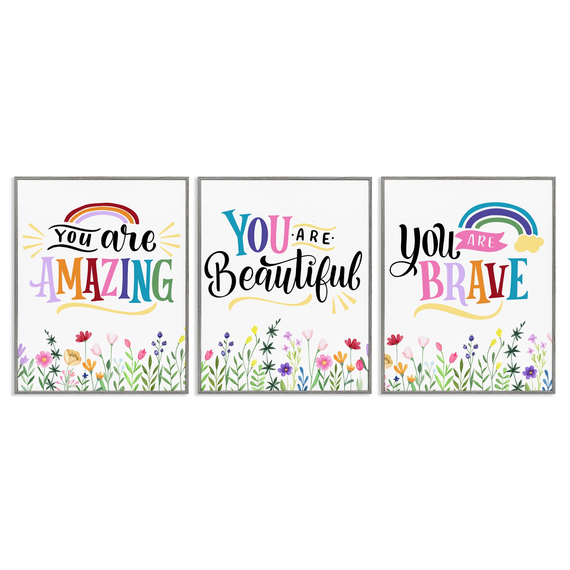 Stupell Industries A3-455-GFF-3PC-11X14 Confidence Sentiments with Florals 3 Piece Gray Framed Giclee Art Set By Kim Allen 11 x 14