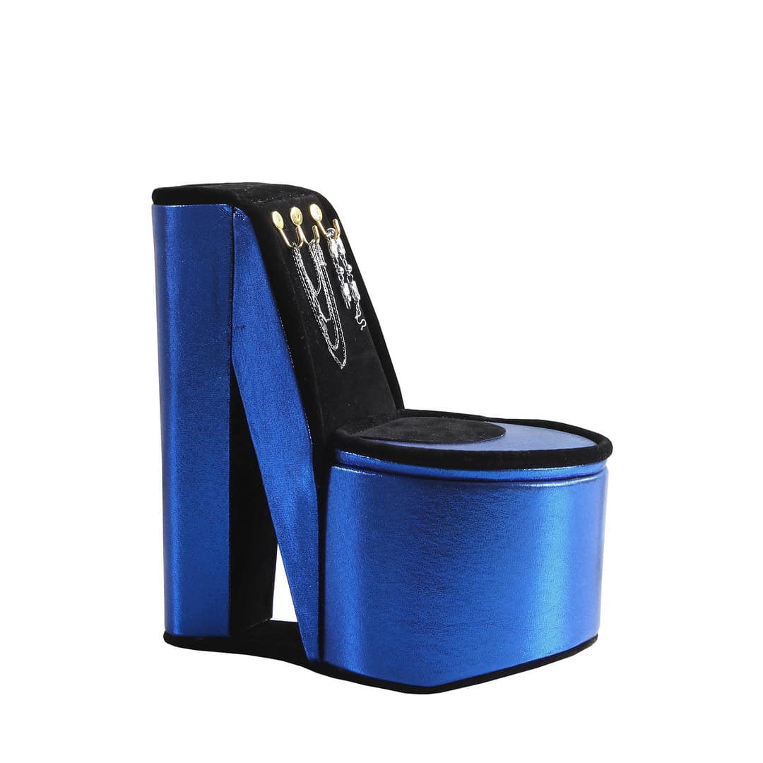 Rbied NDLJ-96 9 in Tall Display Jewelry Box with Hooks High Heel Shoe Design Blue Velvet