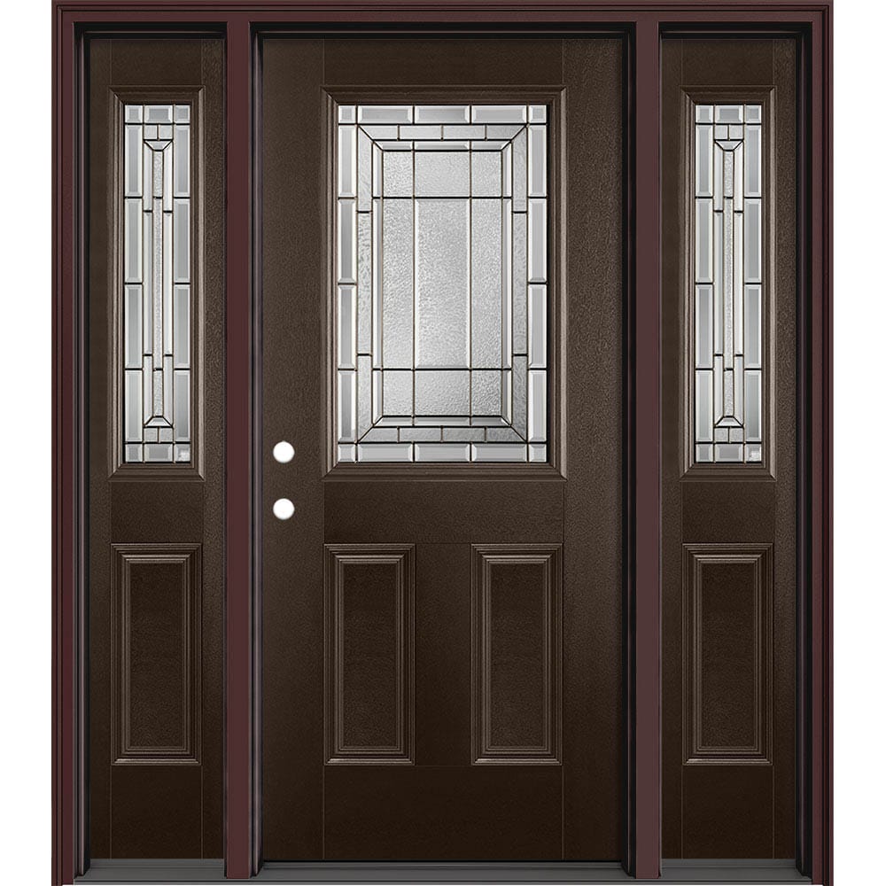 Masonite 631449 Sequence 64-in x 80-in x 4-9/16-in Fiberglass Half lite Right-hand inswing Walnut Painted Prehung Slab Front Door with Sidelights with Brickmould Insulating core