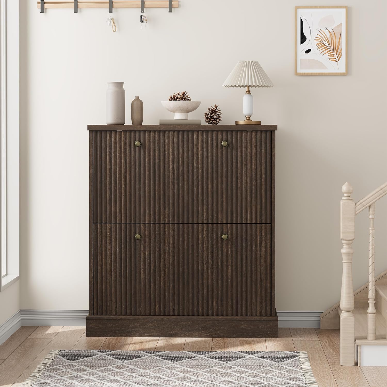 Garvee Shoe Cabinet with 2 Flip Drawers Fluted Narrow Storage Cabinet ...