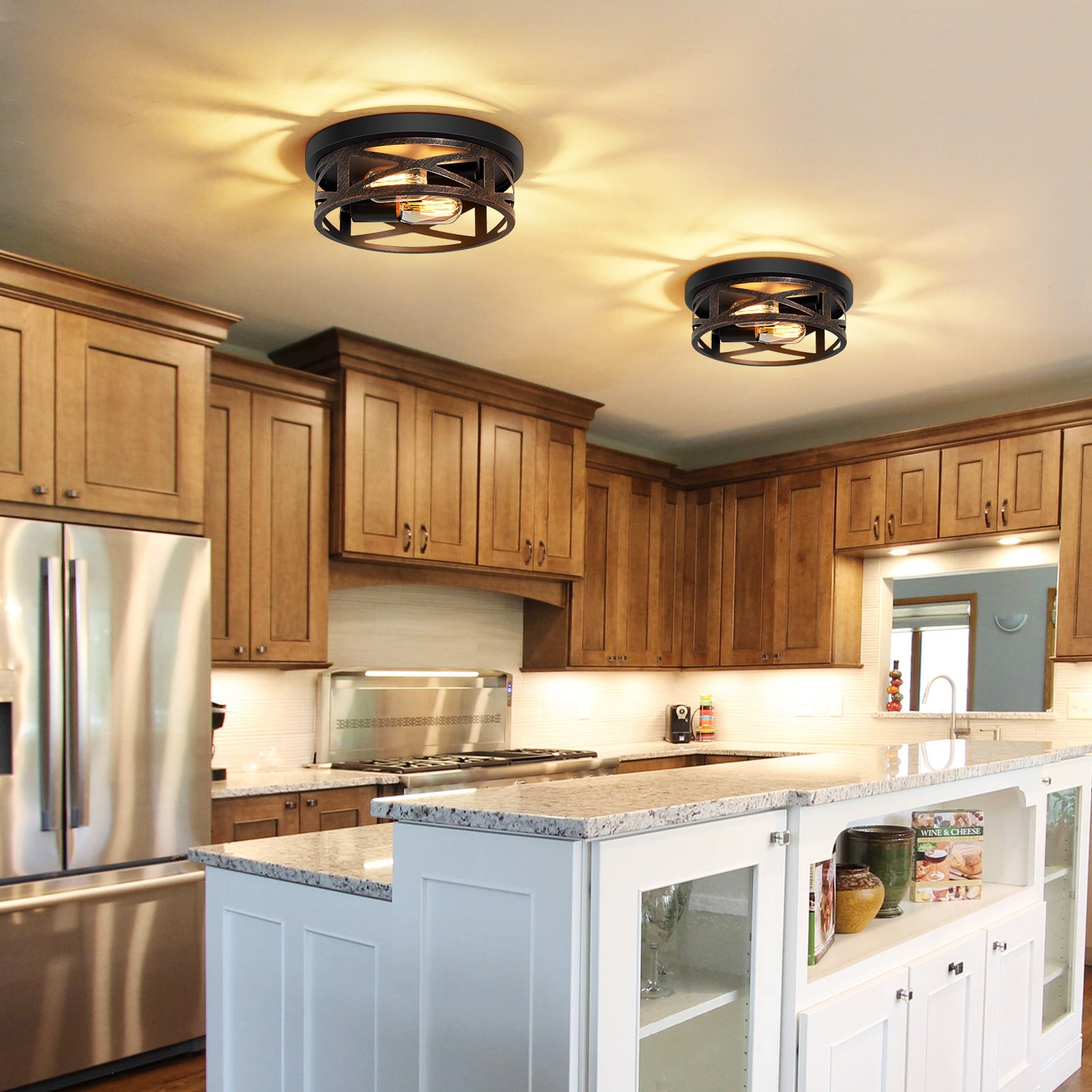Cuschoice  2-Pack 2-Light Matte Bronze Round Flush Mount Ceiling Light Low-Profile Metal Cage Fixture 2 Pack E26 No Light Bulb Included