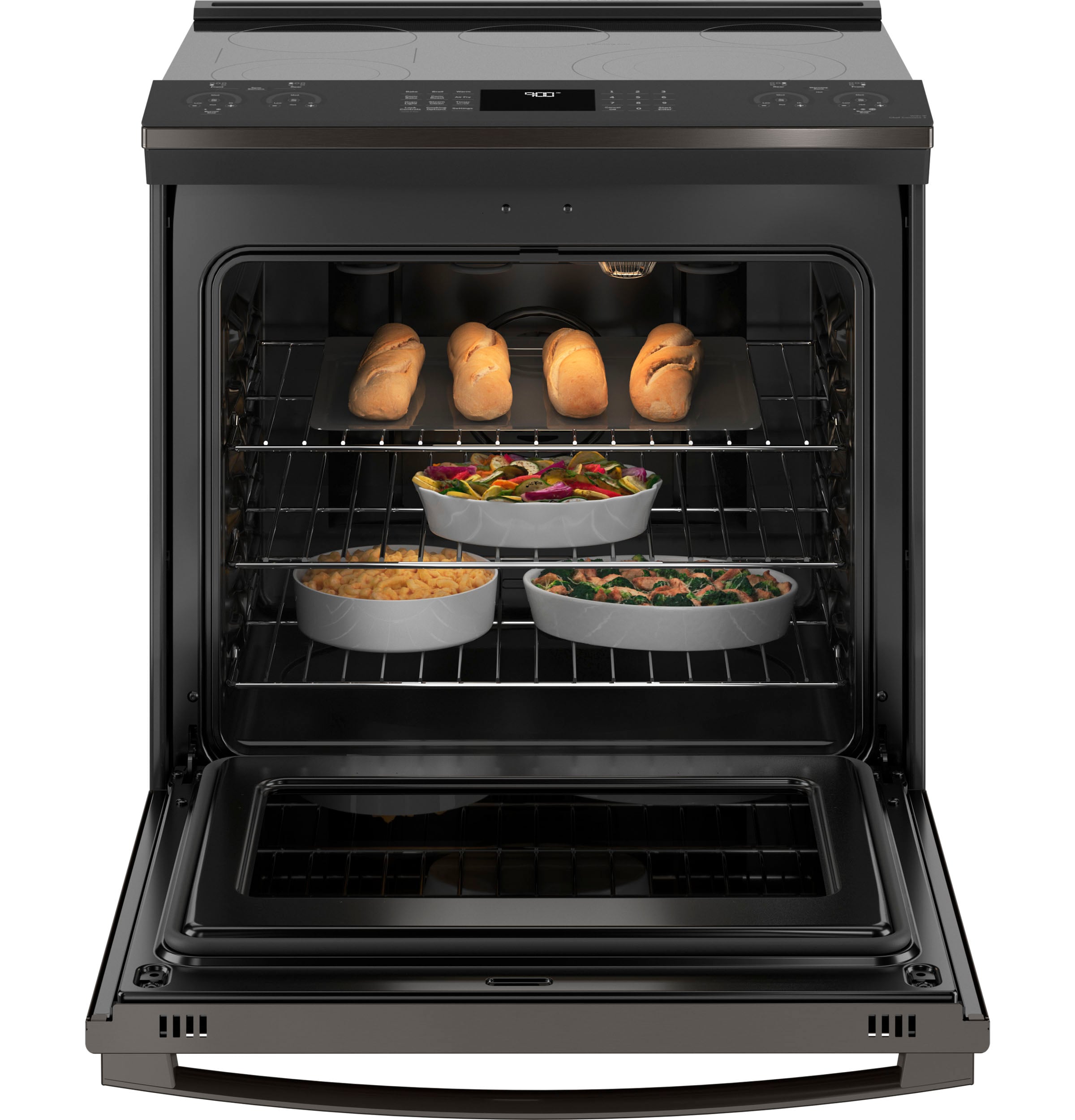 GE 30-in Glass Top 5 Elements 5.3-cu ft Self-Cleaning Air Fry Convection  Oven Slide-in Smart Electric Range (Slate)