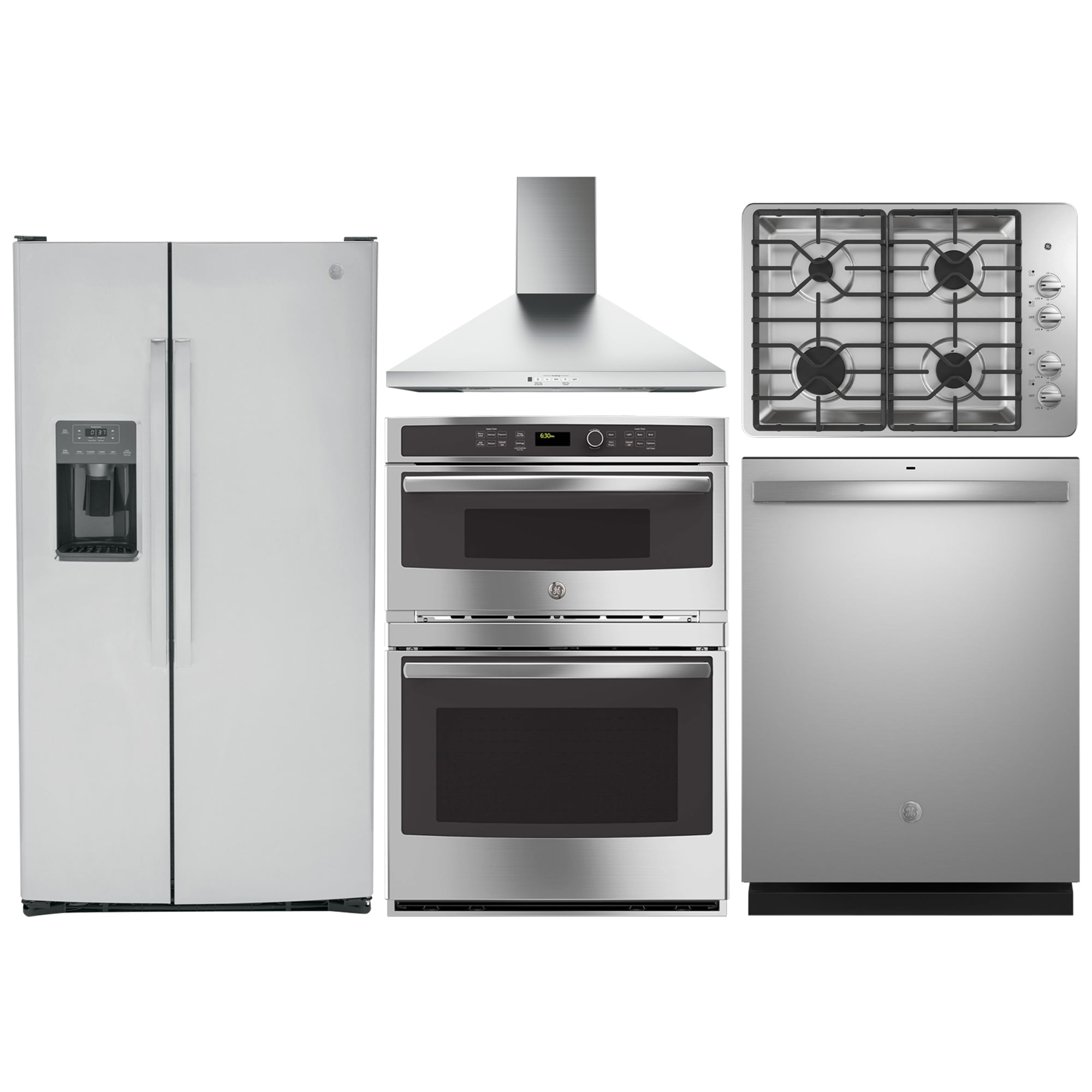 GE Side-by-Side Refrigerator & 30-in Combination Double Wall Oven paired  with 30-in Gas Cooktop Suite in Stainless Steel