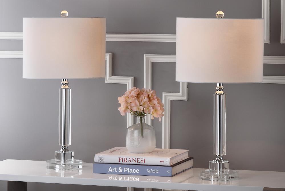 Deco Column Crystal Table Lamp Set with White Drum Shades