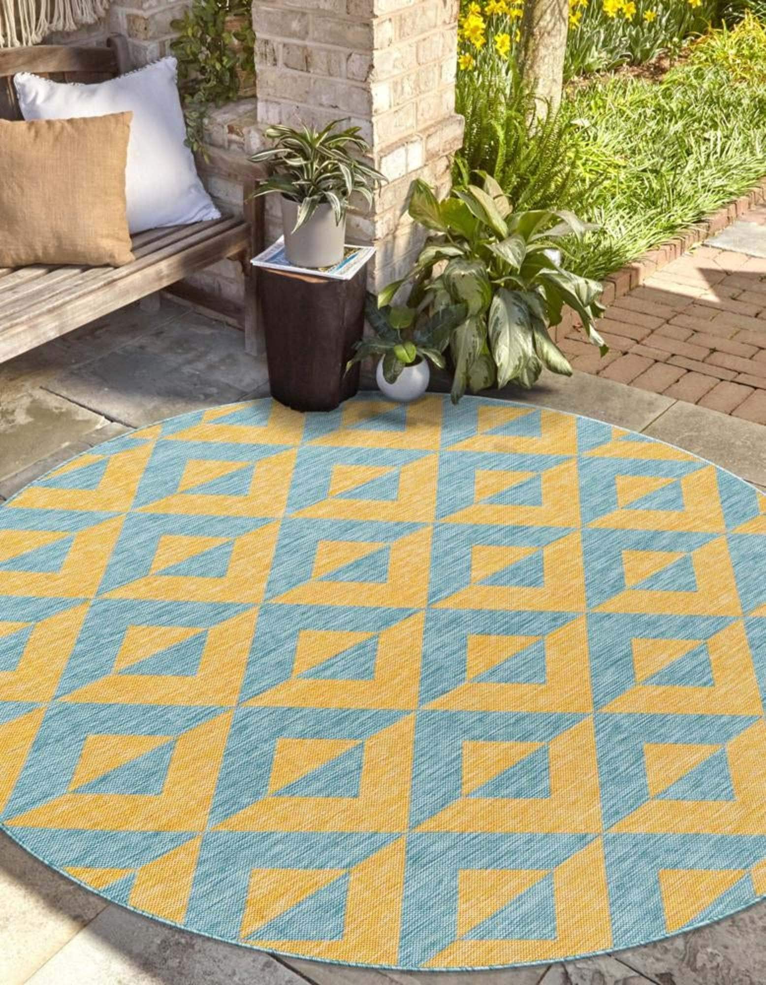 Unique Loom 3180725 Jill Zarin Outdoor 11 x 11 (ft) Loomed Polypropylene Yellow and Aqua Round Indoor/Outdoor Geometric Area rug