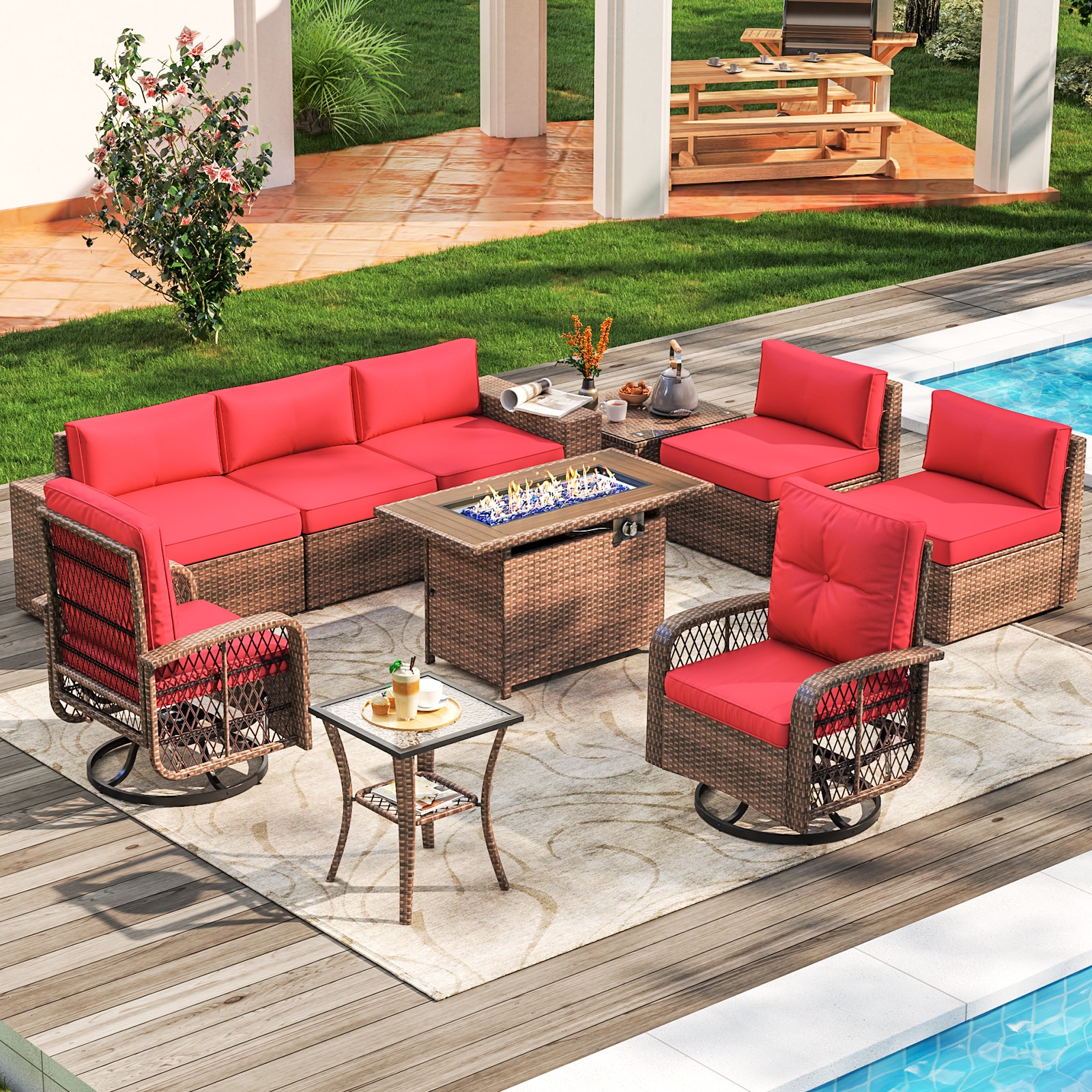 AOXUN G12039RD2AB+026BR 10 -Piece Rattan Patio Sofa Conversation Set with Red