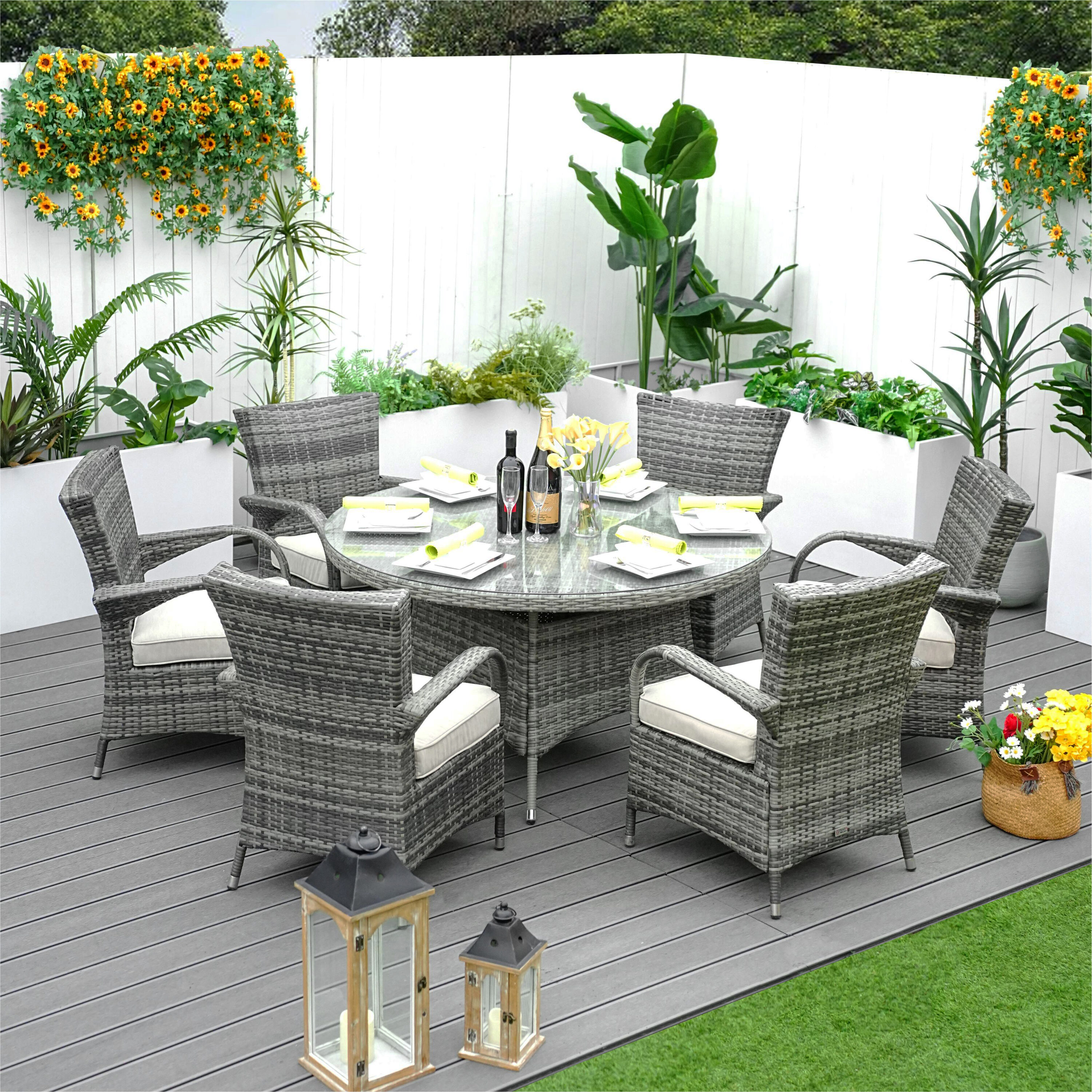 Moda Furnishings MPAD-1122-GR 7 -Piece Gray Wicker Patio Dining Set Wicker Round Table with 6 Beige Cushions Stationary Chairs