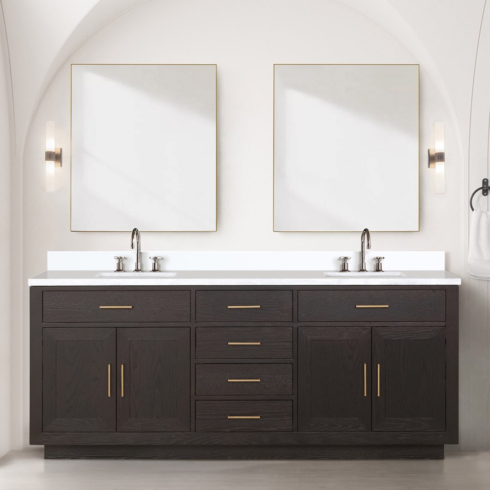 Lexora LVGI80DK211 Gilroy 80-in Brown Oak Undermount Double Sink Bathroom Vanity with White Quartz Top (Mirror and Faucet Included)