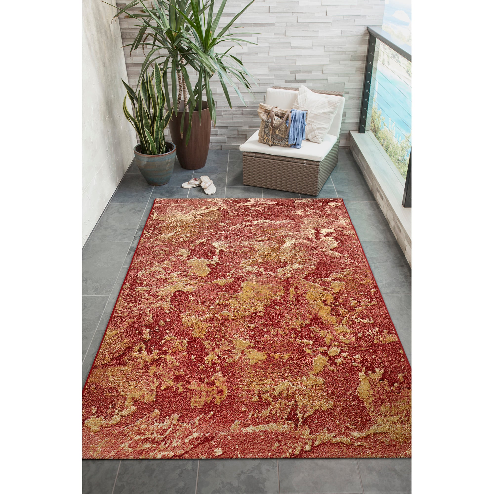 Crimson Flow Abstract 5' x 7' Red & Gold Synthetic Area Rug