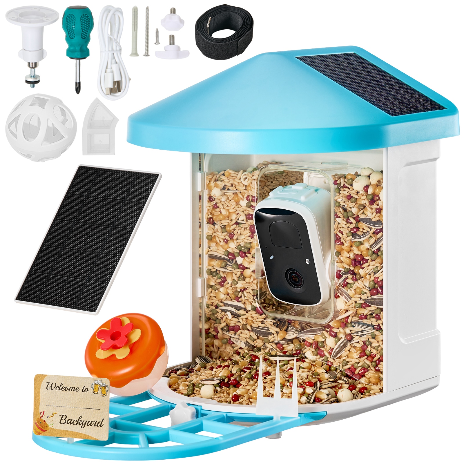 GIVIMO 2-L Capacity Smart Bird Feeder with Camera 2K HD 2304 x 1296 Resolution AI Recognition of Over 10000 Bird Species Solar Powered with 5200-mAh Battery 145-Degree Wide Angle Full-Color Night Vision Two-Way Audio and 2.4-GHz Wi-Fi App Control in Blue