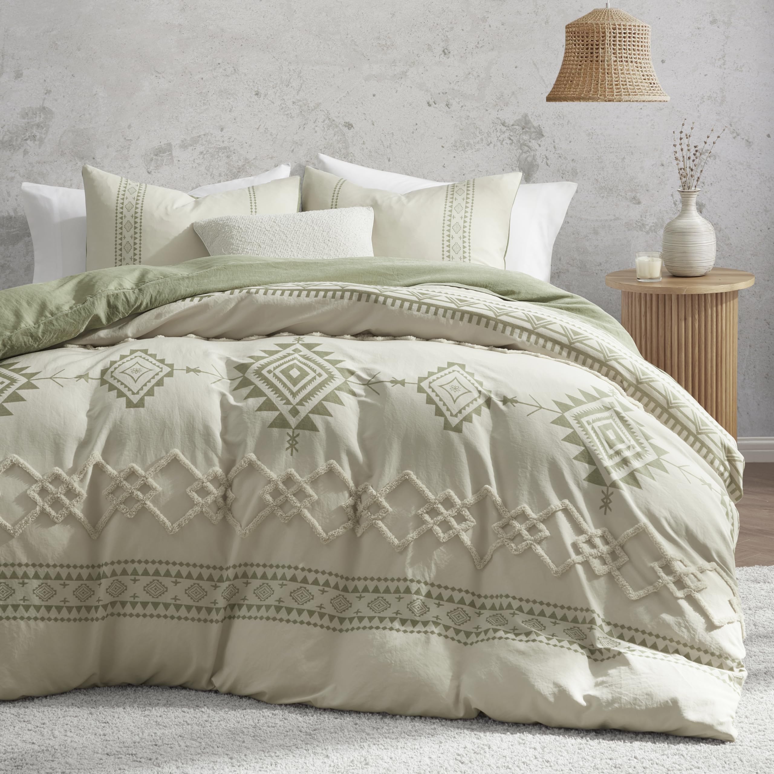 OMOMMD Beige sage Green Queen  Boho Duvet Cover Set 3 Pieces Microfiber Bedding Durable Super Soft Geometric Pattern Tufted Design Zipper Ties Easy Care