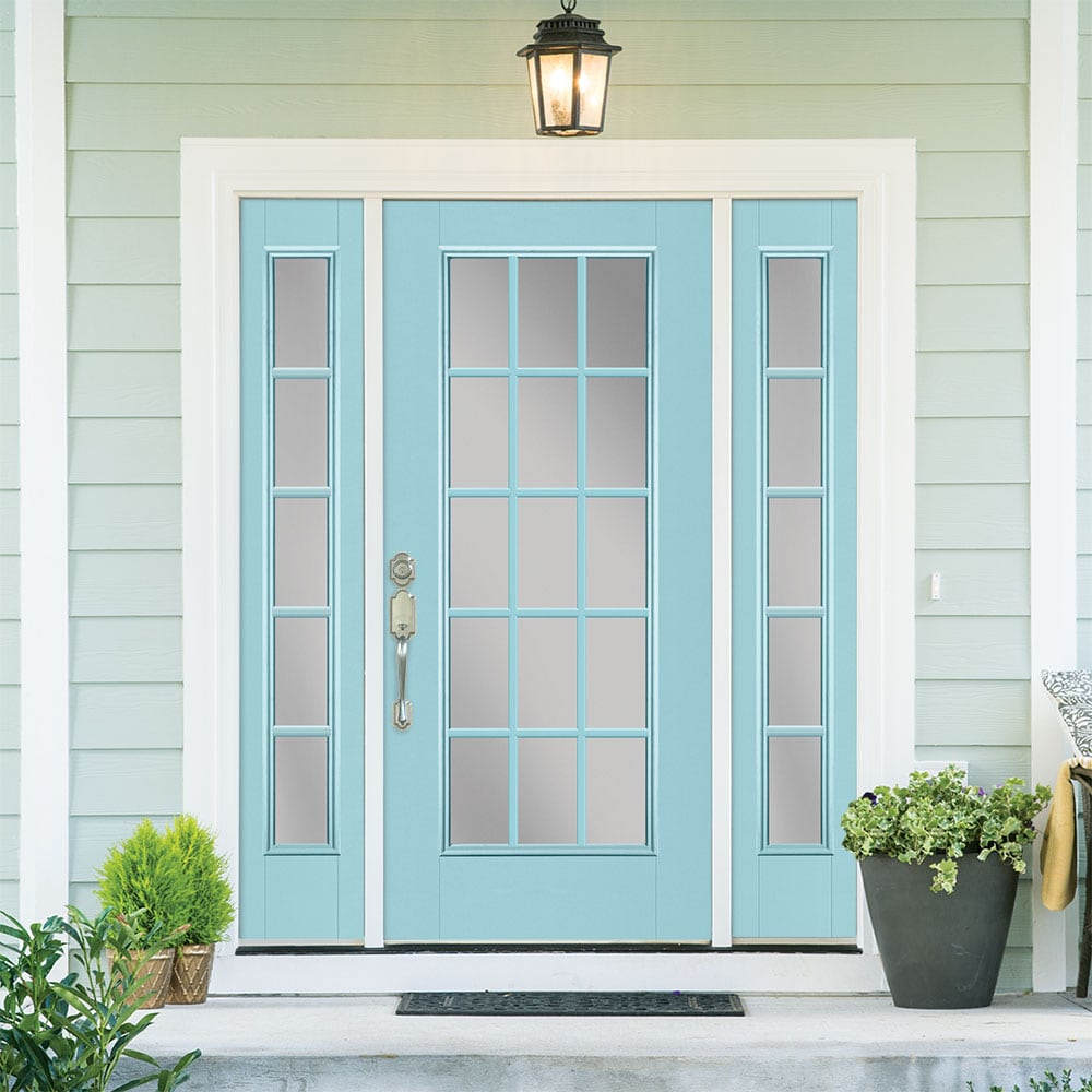 Masonite 1218864 60-in x 80-in x 4-9/16-in Fiberglass Full lite Right-hand inswing Caribbean Blue Painted Prehung Front Door with Sidelights with Brickmould Insulating core with Grilles