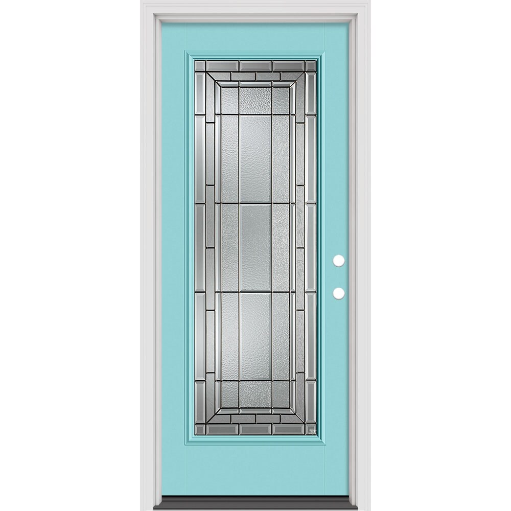 Masonite 631290 Sequence 32-in x 80-in x 4-9/16-in Fiberglass Full lite Left-hand inswing Caribbean Blue Painted Prehung Front Door with Brickmould Insulating core