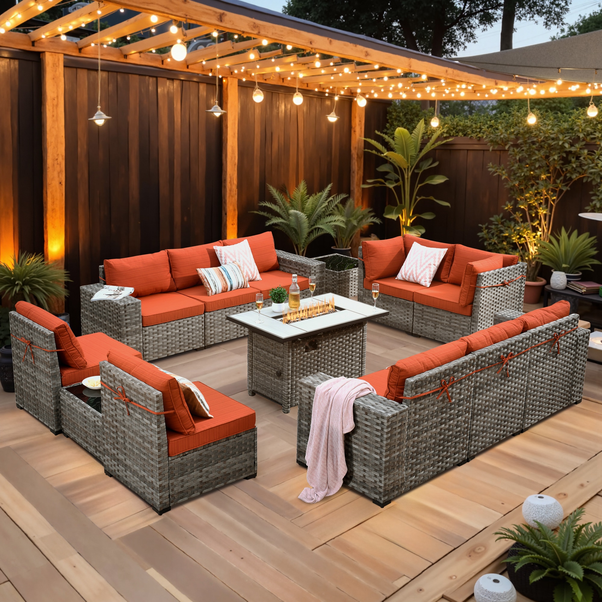 Ovios RFPKFS802 13 -Piece Wicker 2 Patio Sofa Conversation Set with Orange Cushions